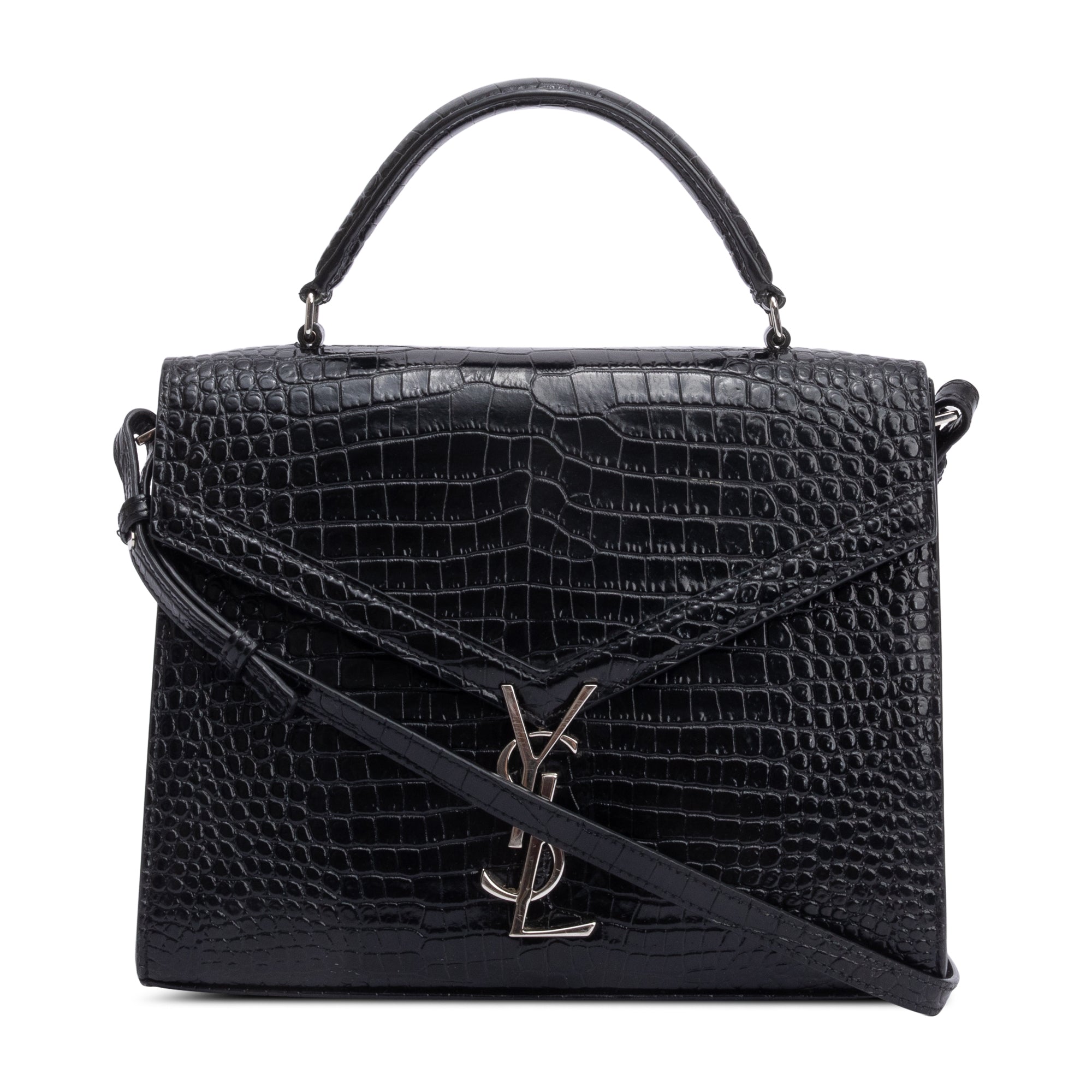 Saint Laurent 2020 Black Croc-Embossed Leather Cassandra Medium Top Handle Bag