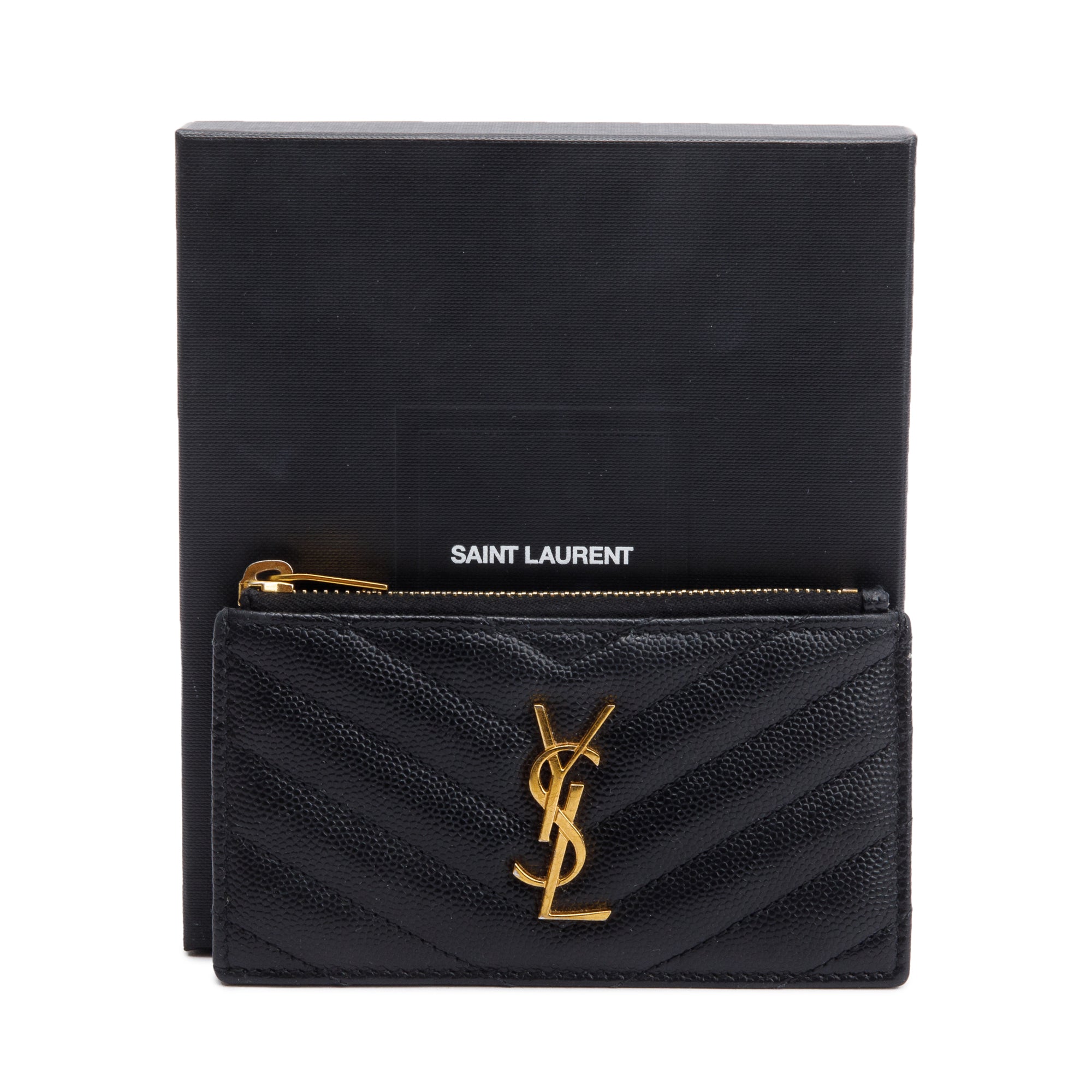 Saint Laurent 2020 Black Grain De Poudre Embossed Leather Cassandre Matelasse Fragments Zipped Card Case w/ Box