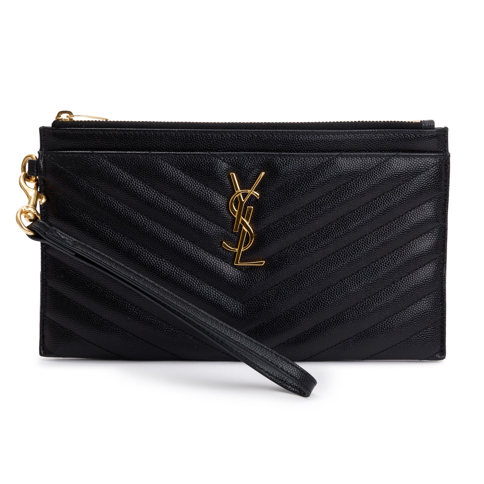 Saint Laurent 2020 Black Grain De Poudre Leather Cassandre Matelasse Large Zipped Pouch