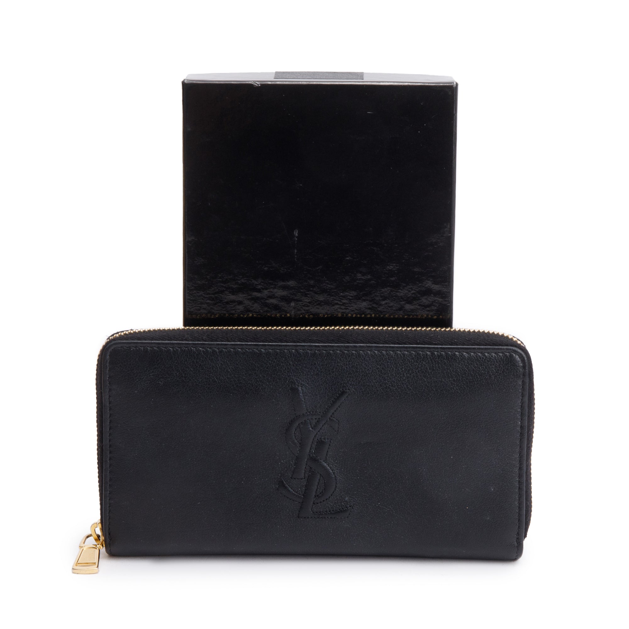 Saint Laurent 2020 Black Grained De Poudre Cassandre Zip Around Wallet w/ Box