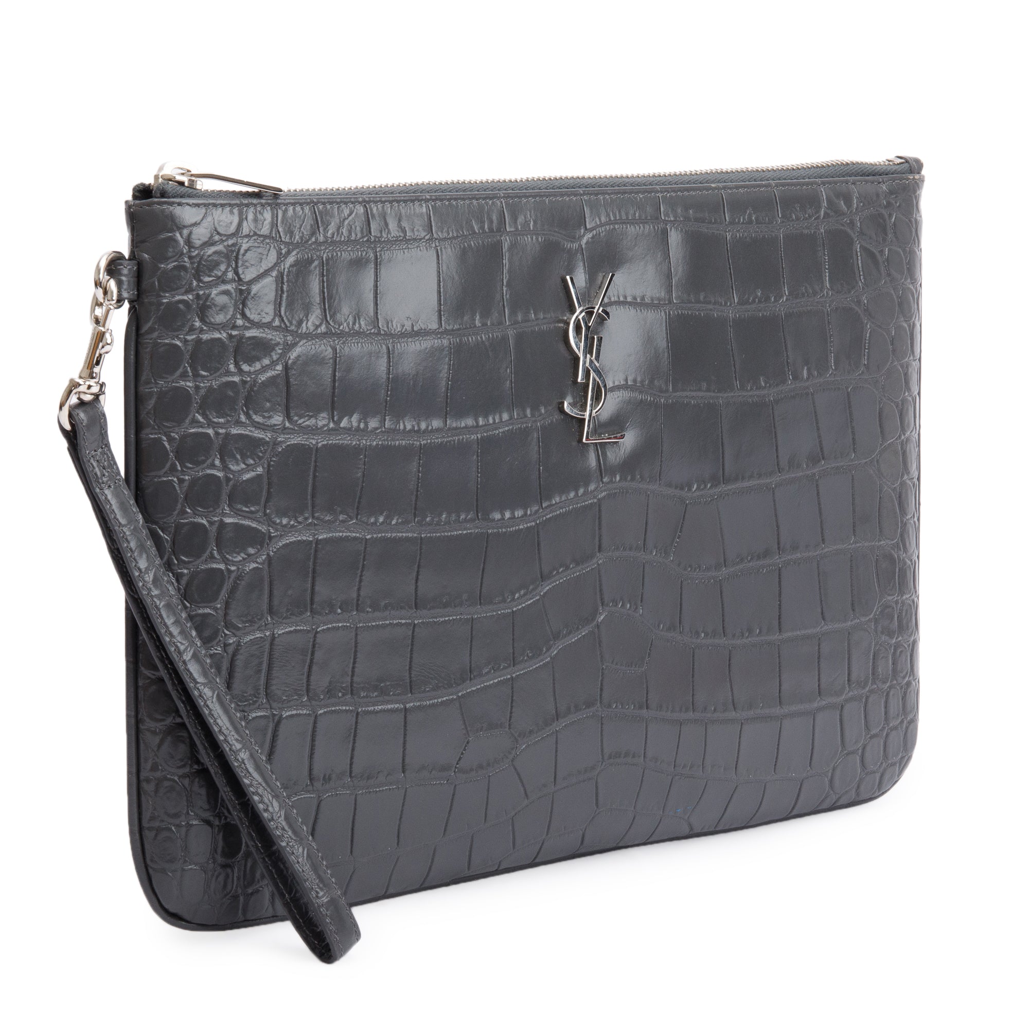 Saint Laurent 2020 Grey Crocodile Embossed Leather Cassandre Tablet Pouch w/ Wrist Strap