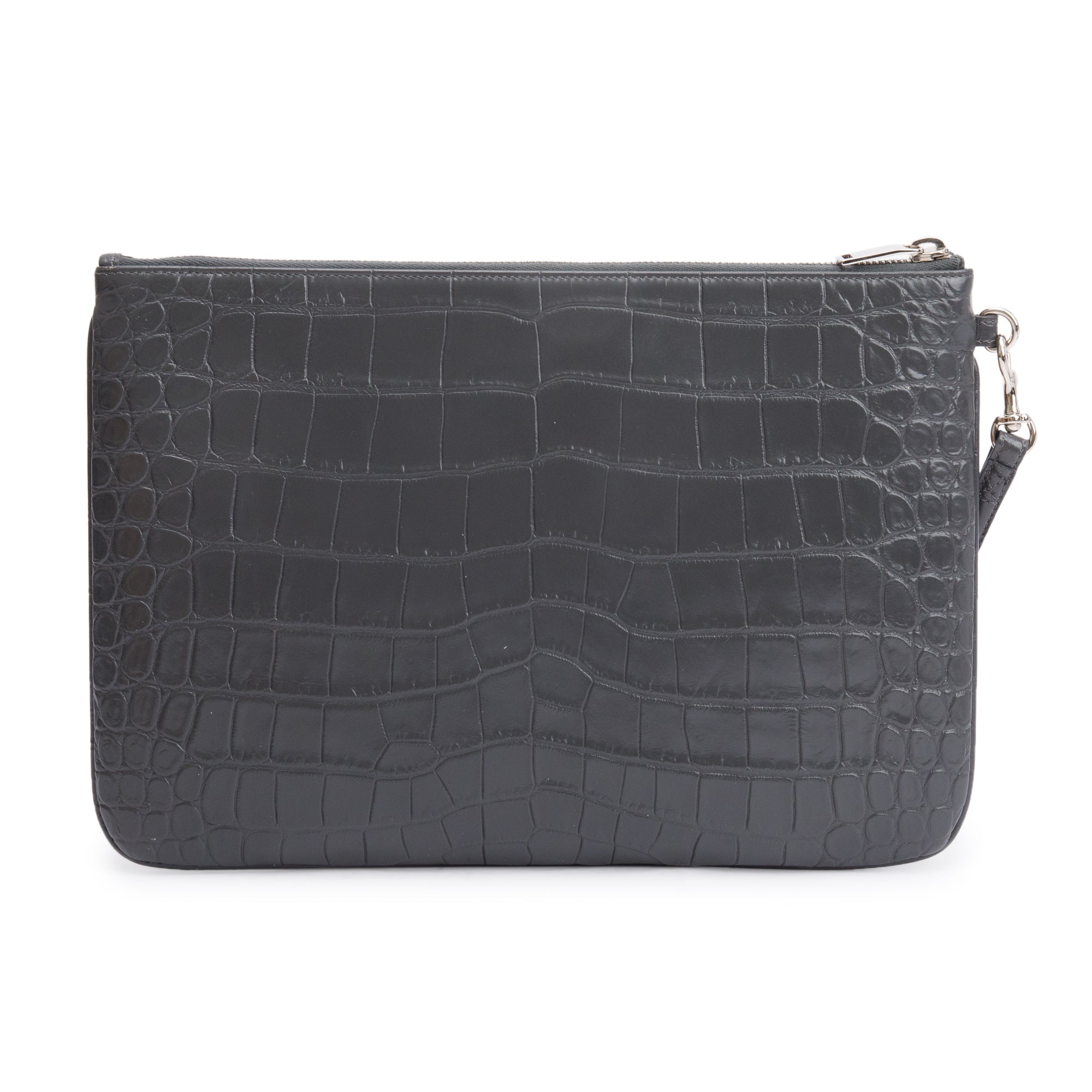 Saint Laurent 2020 Grey Crocodile Embossed Leather Cassandre Tablet Pouch w/ Wrist Strap