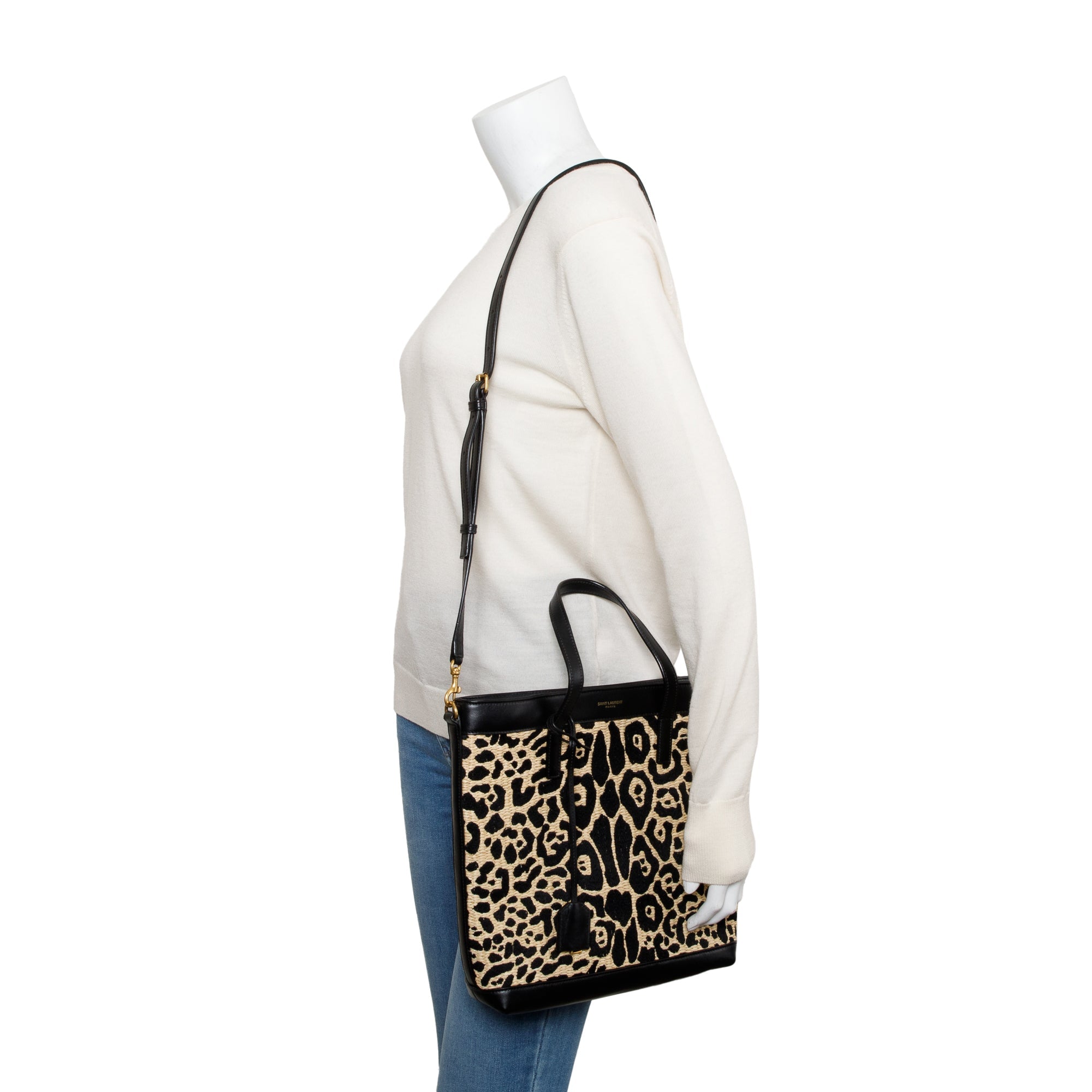 Saint Laurent 2021 Black Calfskin Leather Neutral Jaguar Raffia Toy Shopping Tote w/ Strap