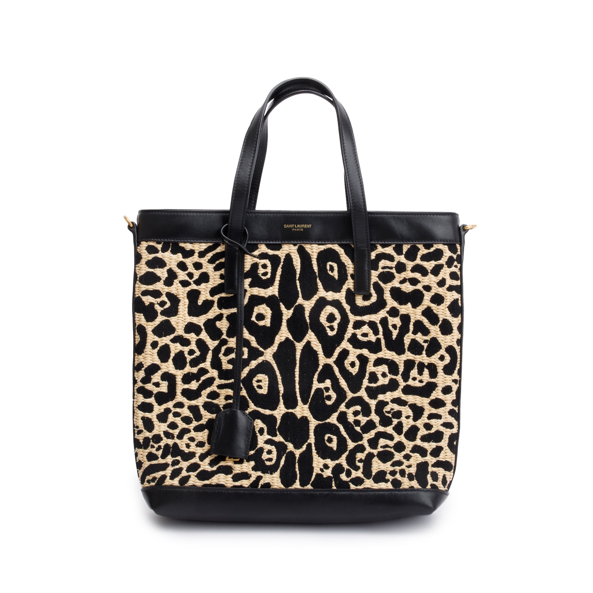 Saint Laurent 2021 Black Calfskin Leather Neutral Jaguar Raffia Toy Shopping Tote w/ Strap