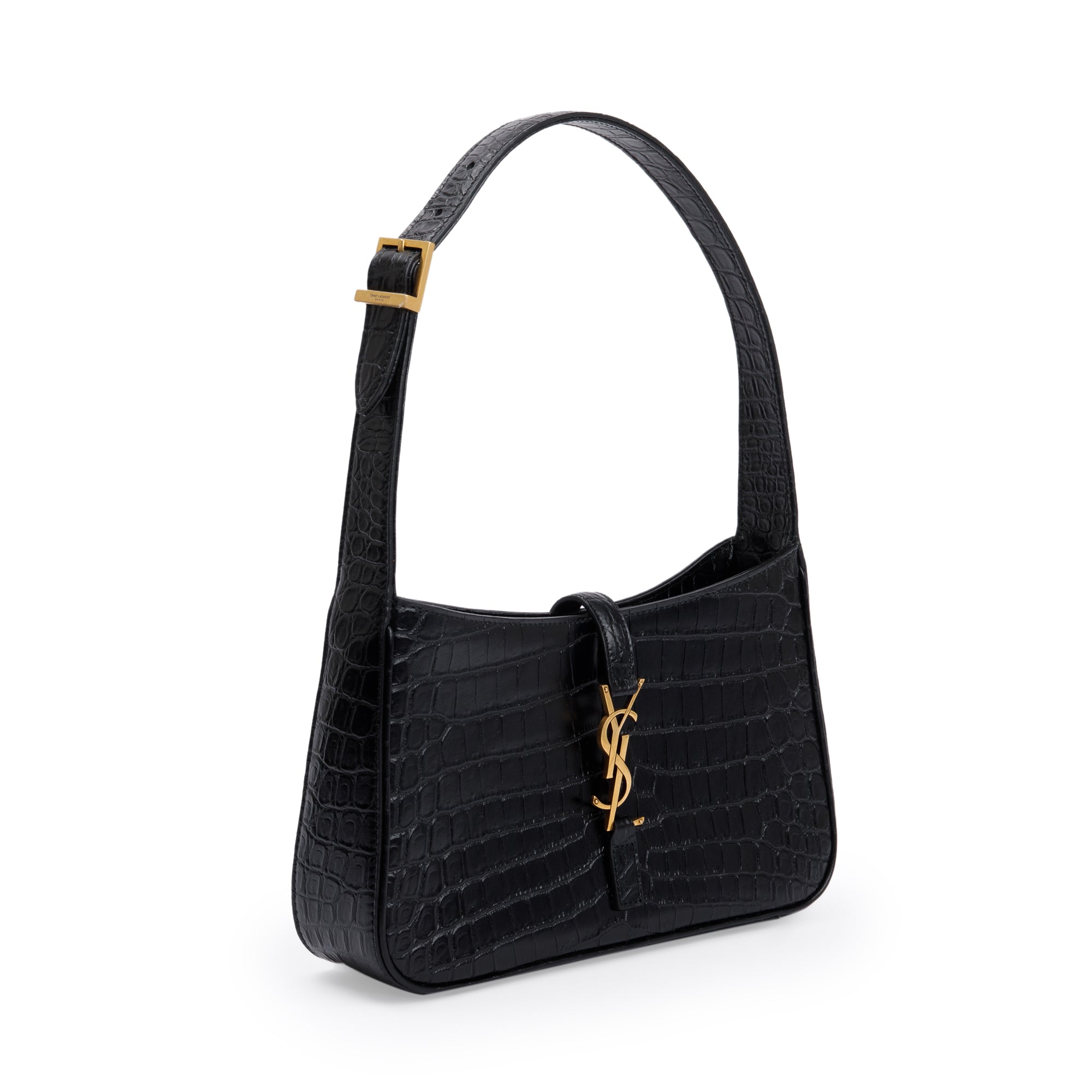 Saint Laurent 2021 Black Croc Embossed Shiny Leather Le 5 A 7 Hobo Bag w/ Receipt