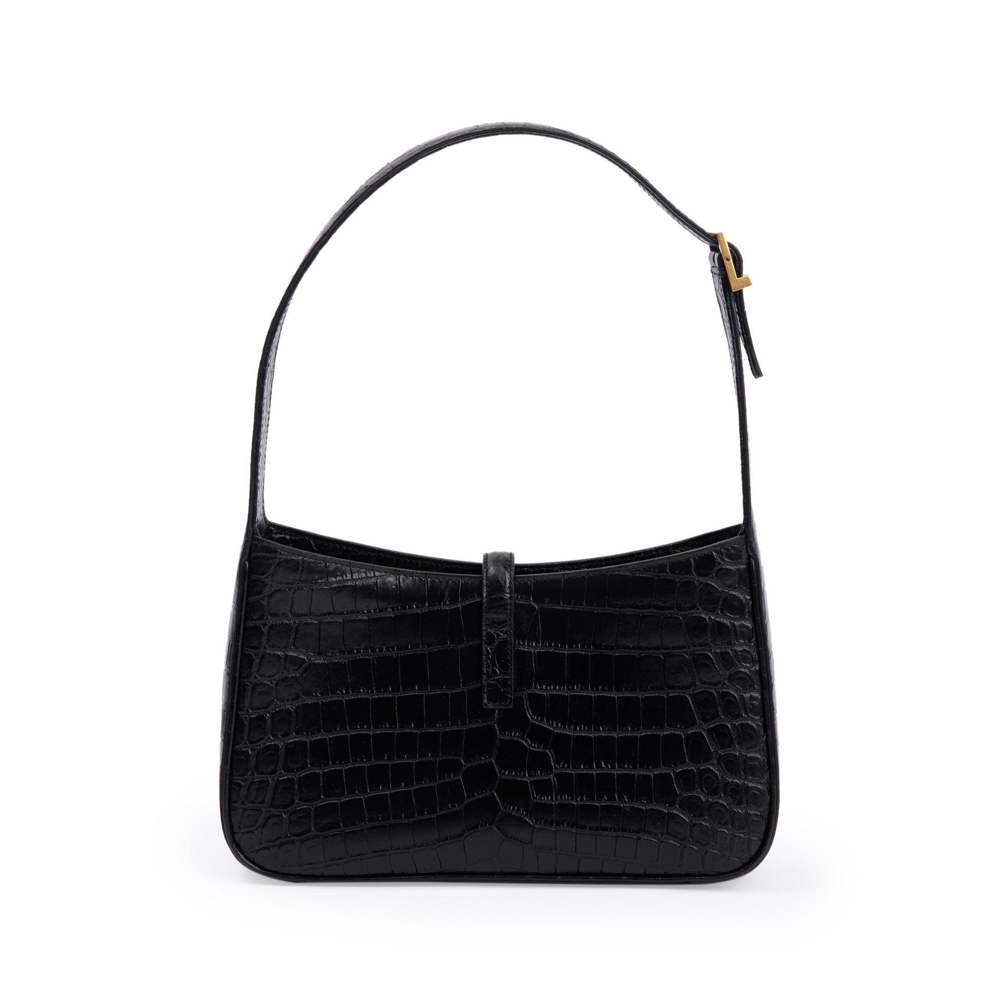 Saint Laurent 2021 Black Croc Embossed Shiny Leather Le 5 A 7 Hobo Bag w/ Receipt