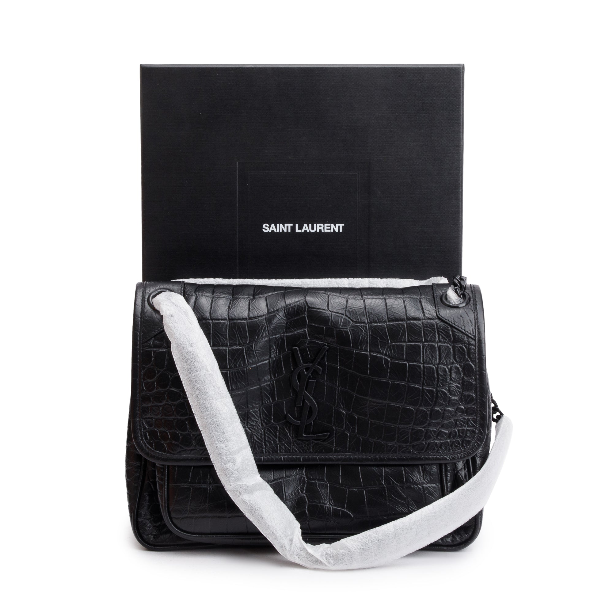 Saint Laurent 2021 Black Crocodile Embossed Calfskin Leather Medium Niki Shoulder Bag w/ Box