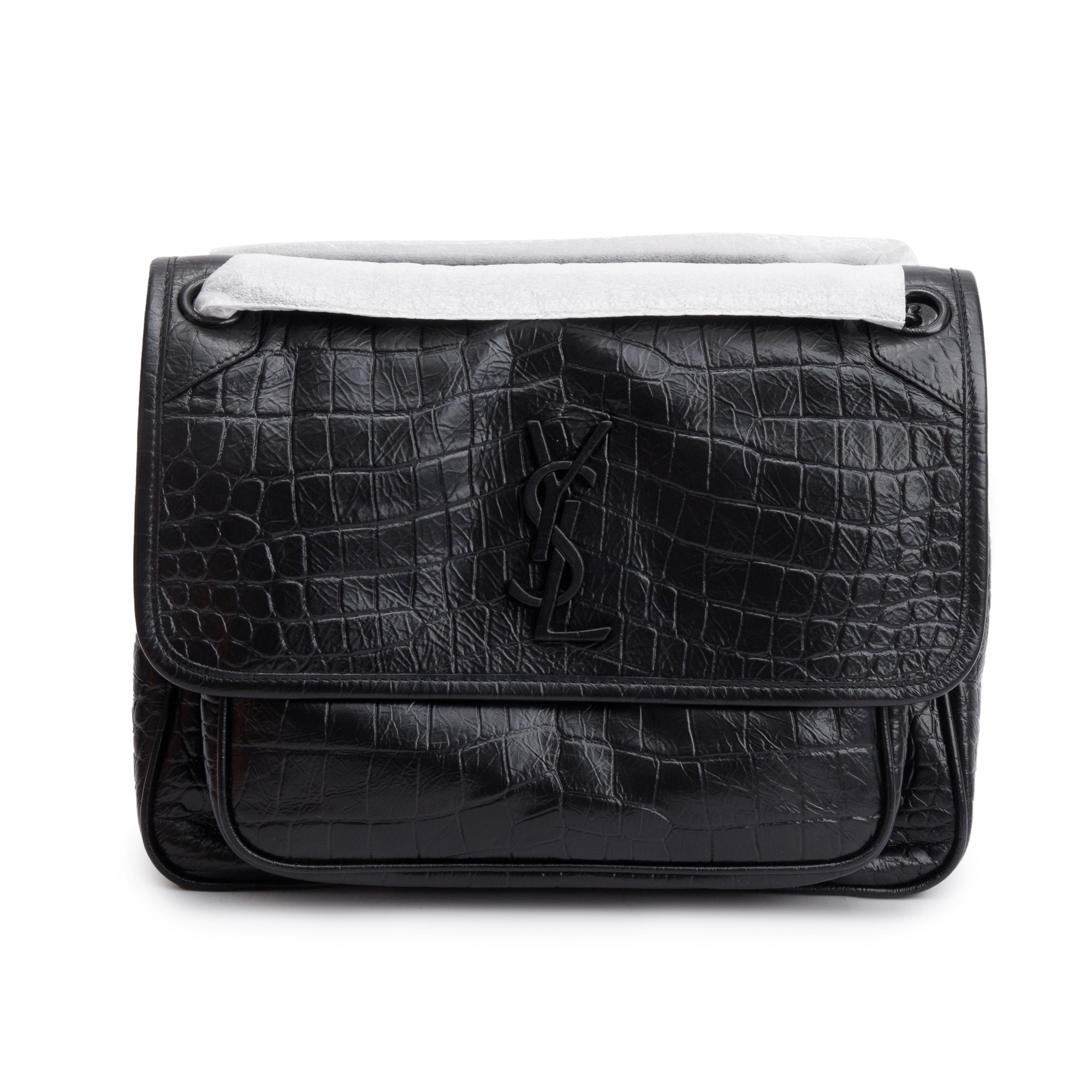 Saint Laurent 2021 Black Crocodile Embossed Calfskin Leather Medium Niki Shoulder Bag w/ Box