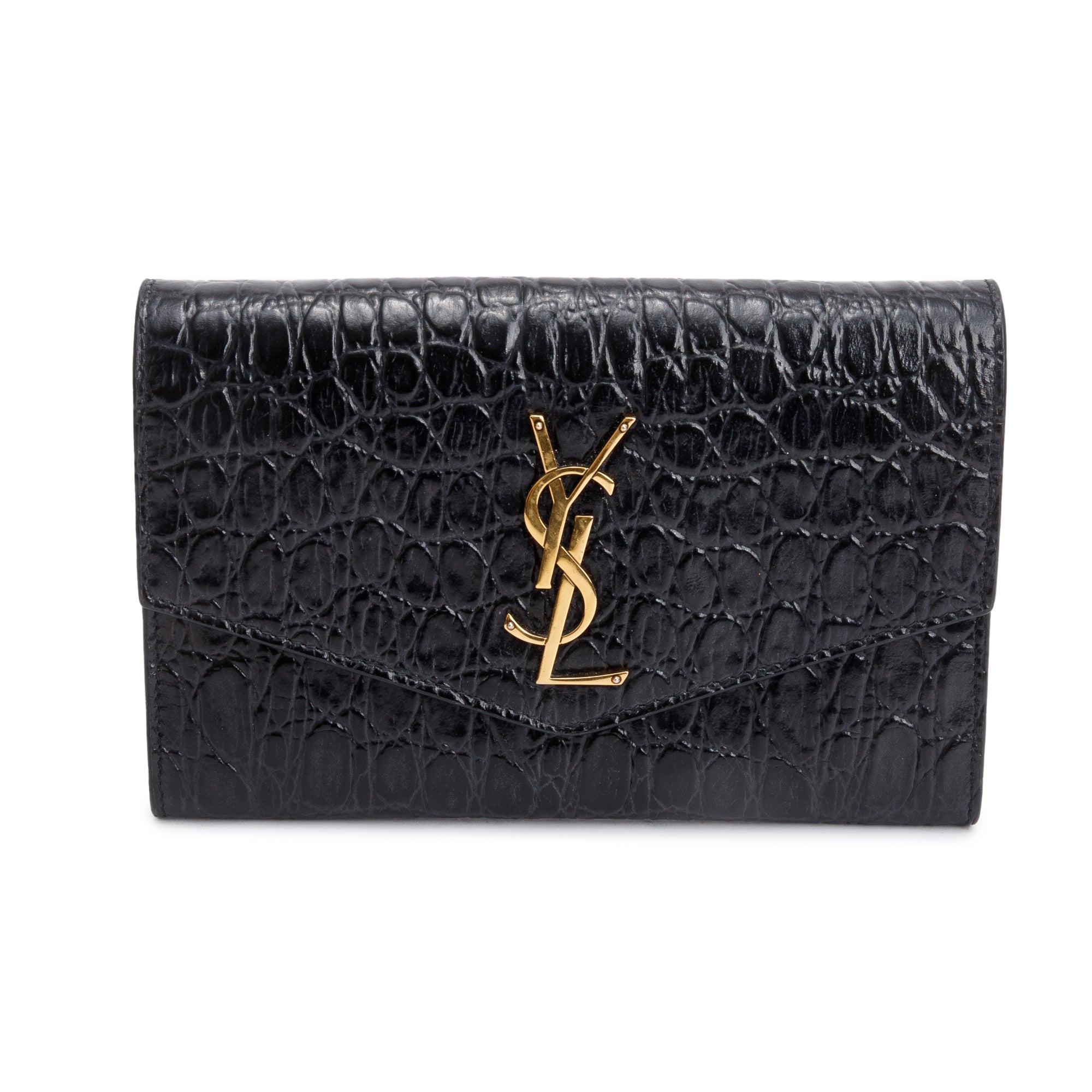 Saint Laurent 2021 Black Crocodile Embossed Leather Uptown Chain Wallet w/ Box