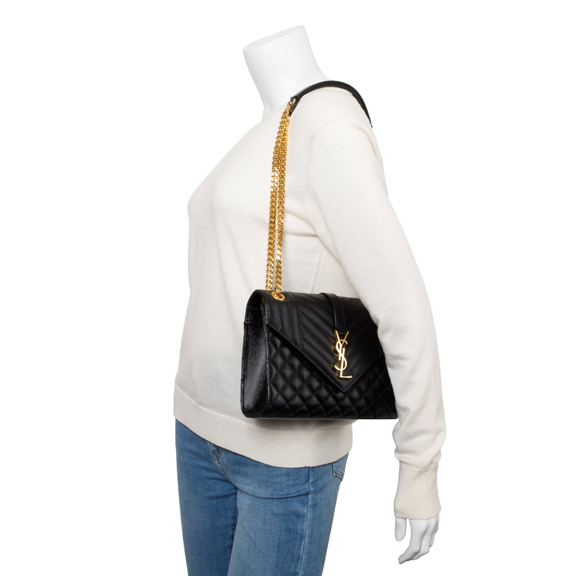 Saint Laurent 2021 Black Grained De Poudre Medium Envelope Shoulder Bag w/ Box