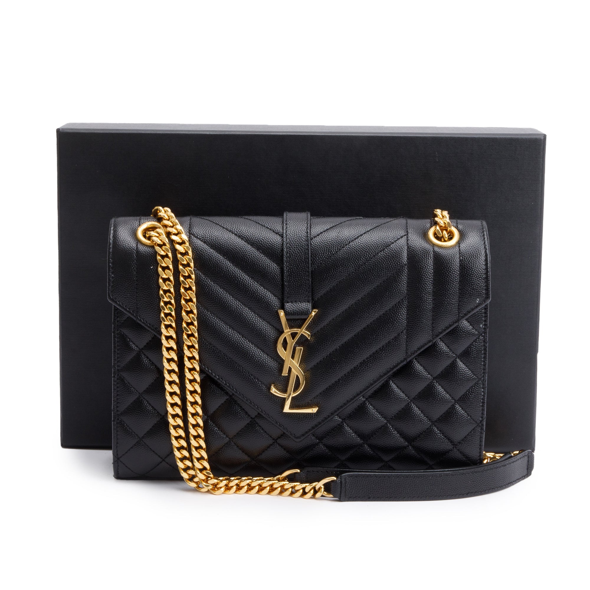 Saint Laurent 2021 Black Grained De Poudre Medium Envelope Shoulder Bag w/ Box