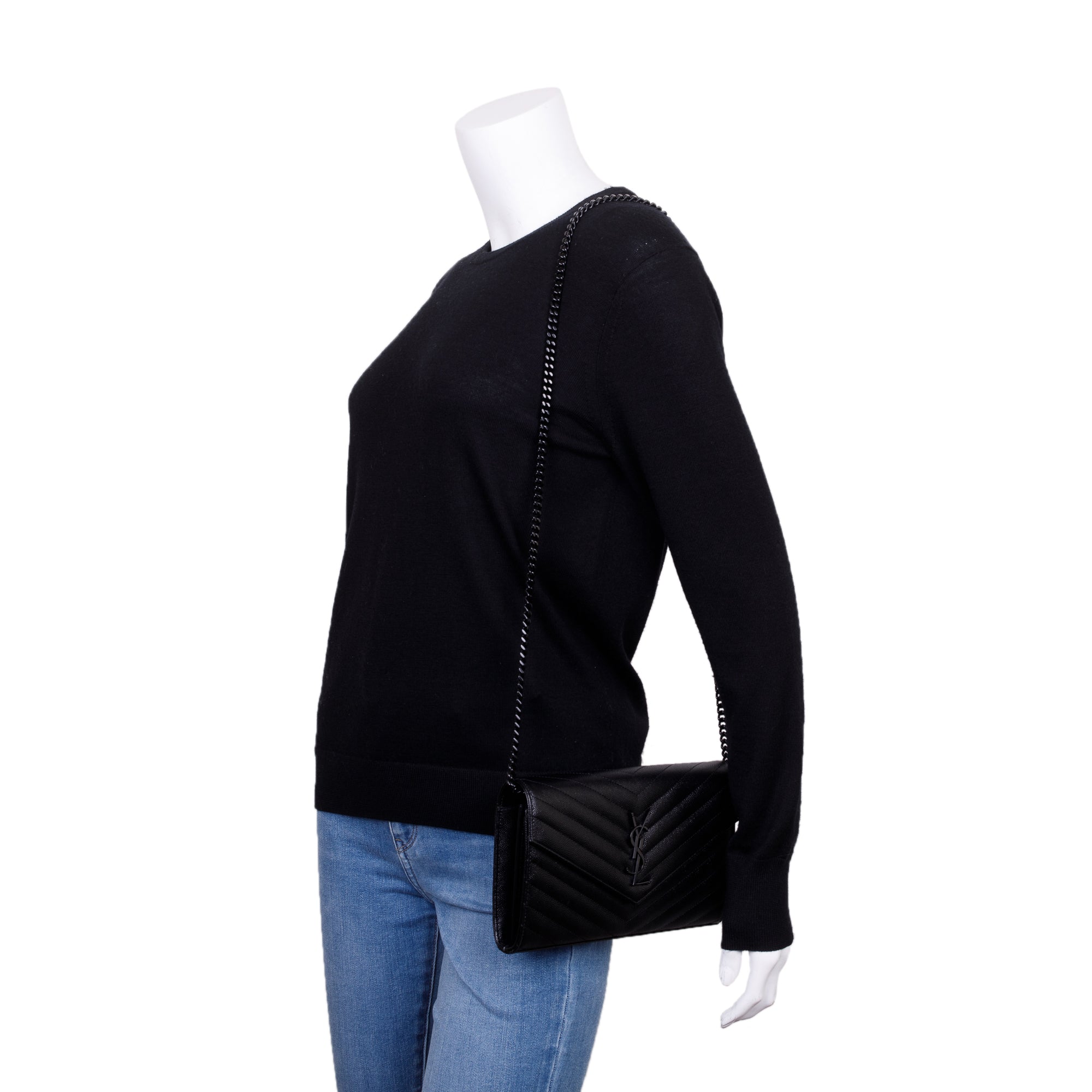 Saint Laurent 2021 Black Grained de Poudre Cassandre Matelasse Chain Wallet w/ Box