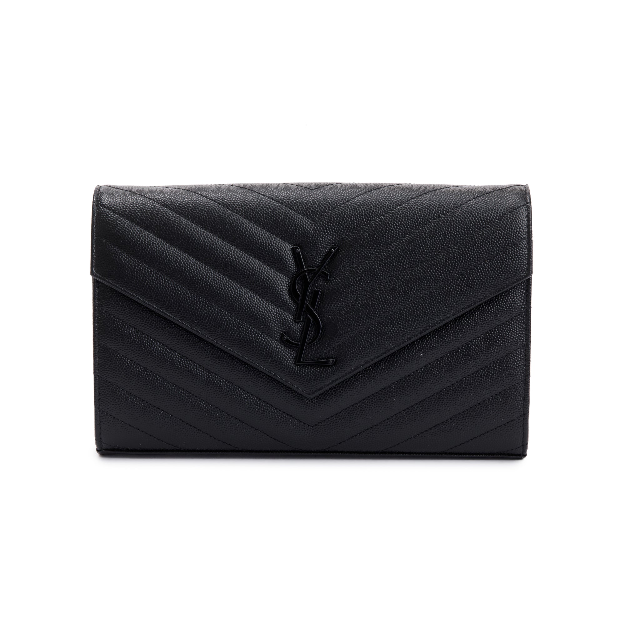 Saint Laurent 2021 Black Grained de Poudre Cassandre Matelasse Chain Wallet w/ Box