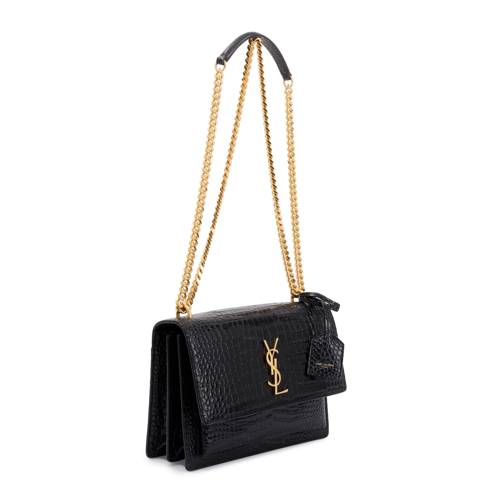 Saint Laurent 2021 Black Medium Crocodile Embossed Sunset Bag w/ Box