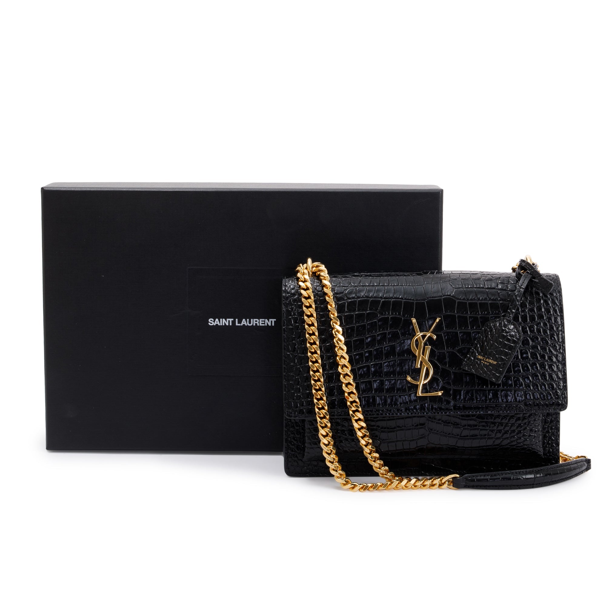 Saint Laurent 2021 Black Medium Crocodile Embossed Sunset Bag w/ Box