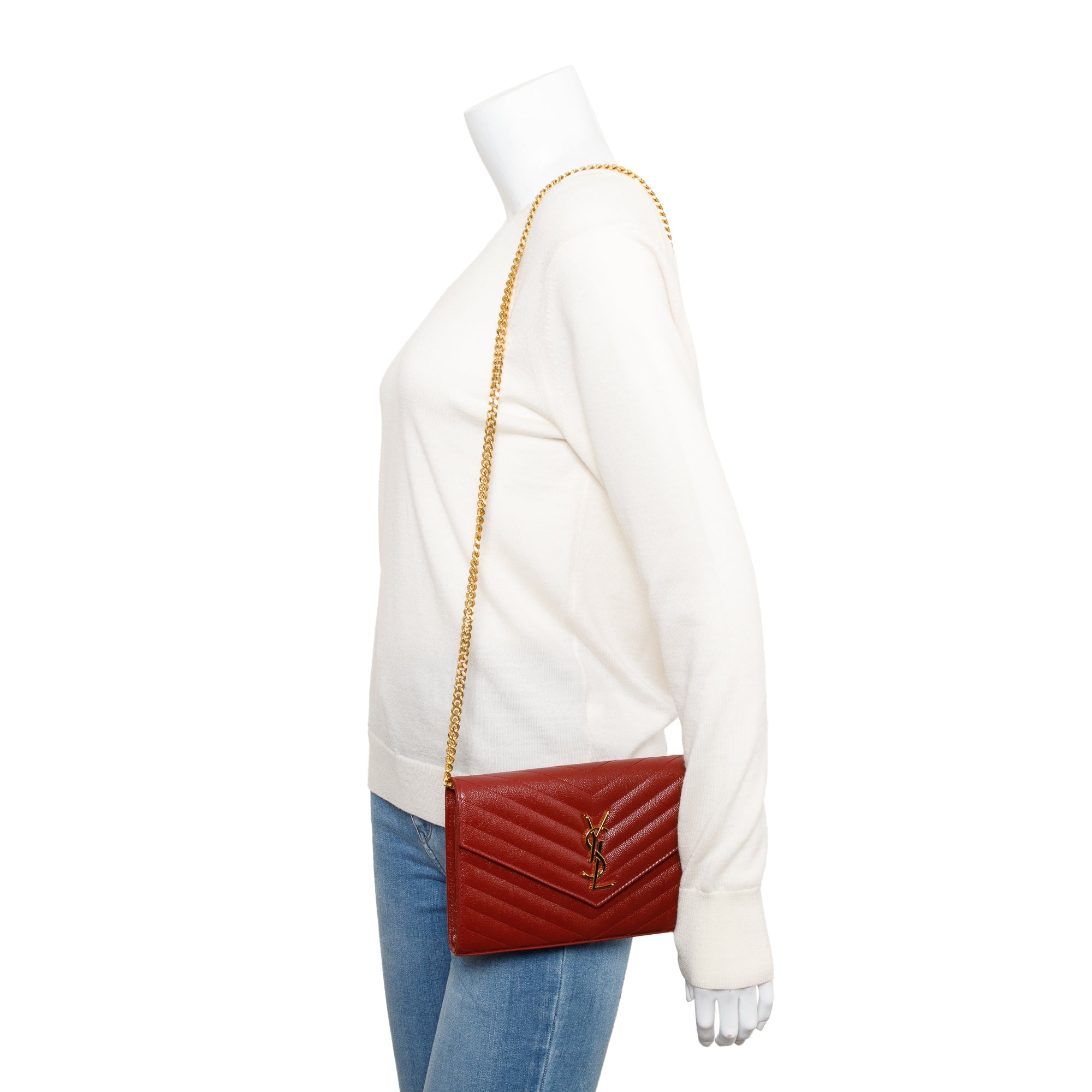 Saint Laurent 2021 Burgundy Grain De Poudre Leather Cassandre Matelasse Chain Wallet w/ Box & Receipt