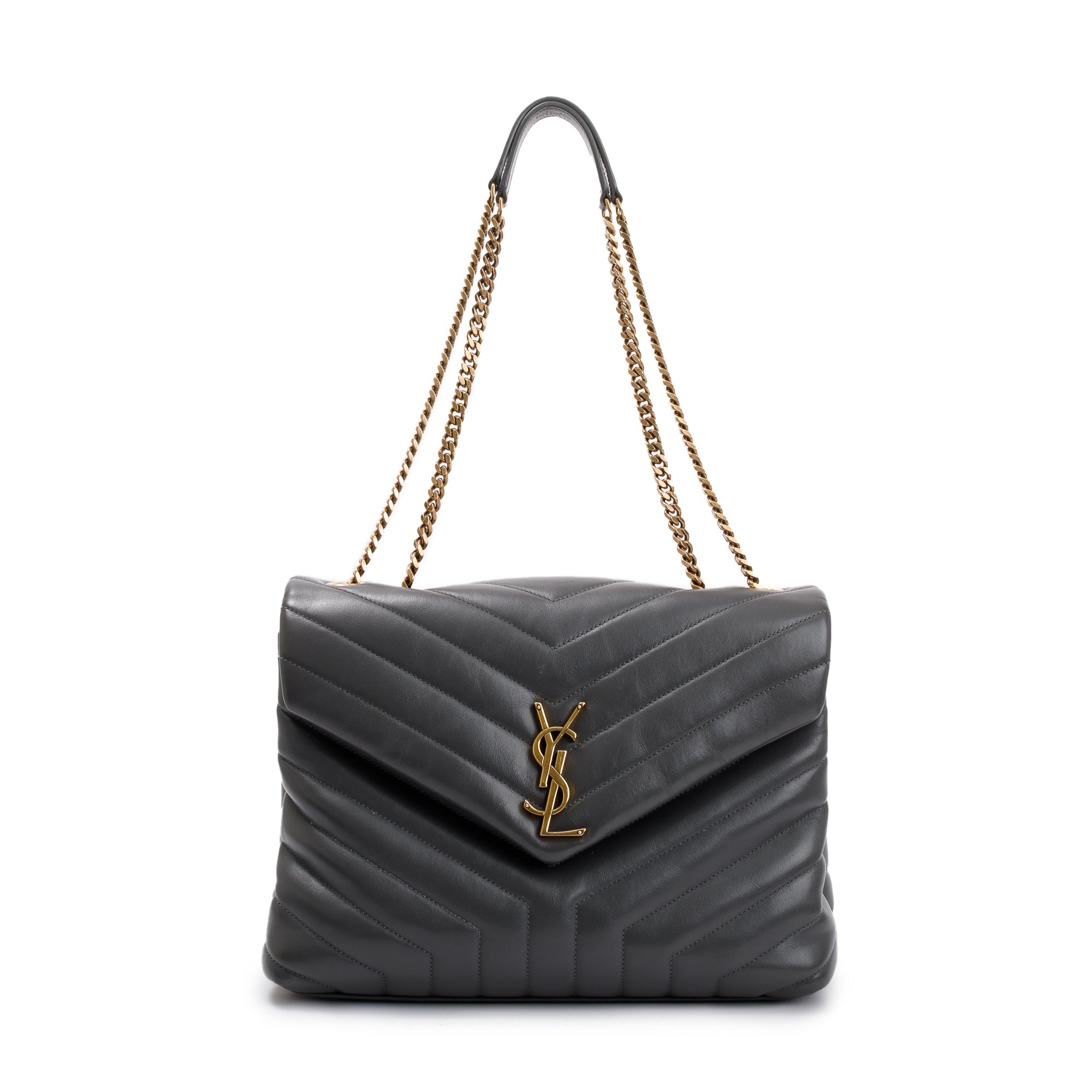 Saint Laurent 2021 Grey Calfskin Leather Medium Loulou Monogram Shoulder Bag w/ Box