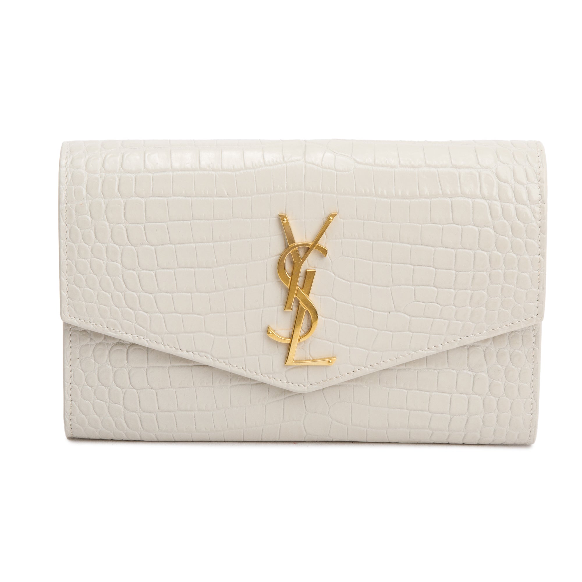 Saint Laurent 2021 Neutral Crocodile Embossed Leather Uptown Chain Wallet w/ Box
