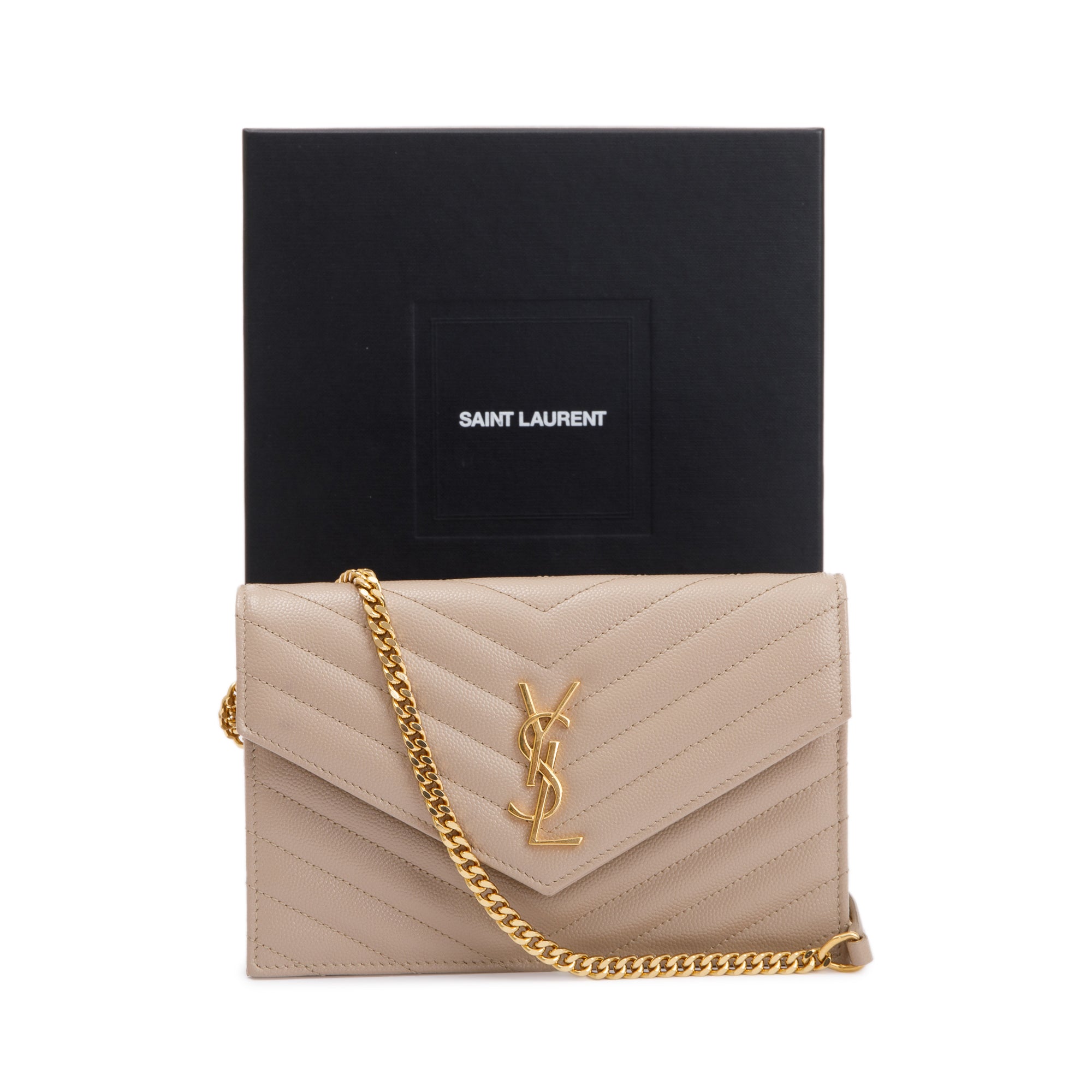 Saint Laurent 2022 Beige Cassandre Matelasse Envelope Chain Wallet w/ Box
