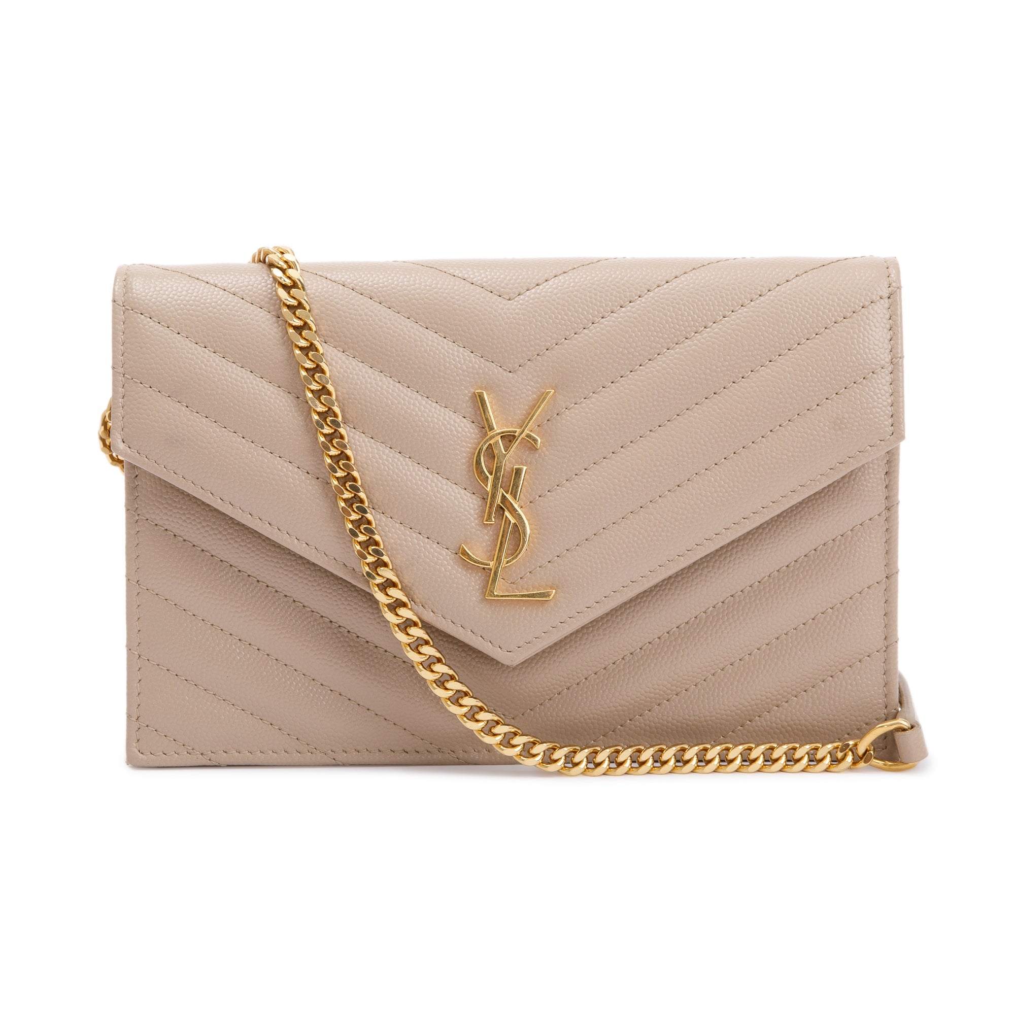 Saint Laurent 2022 Beige Cassandre Matelasse Envelope Chain Wallet w/ Box