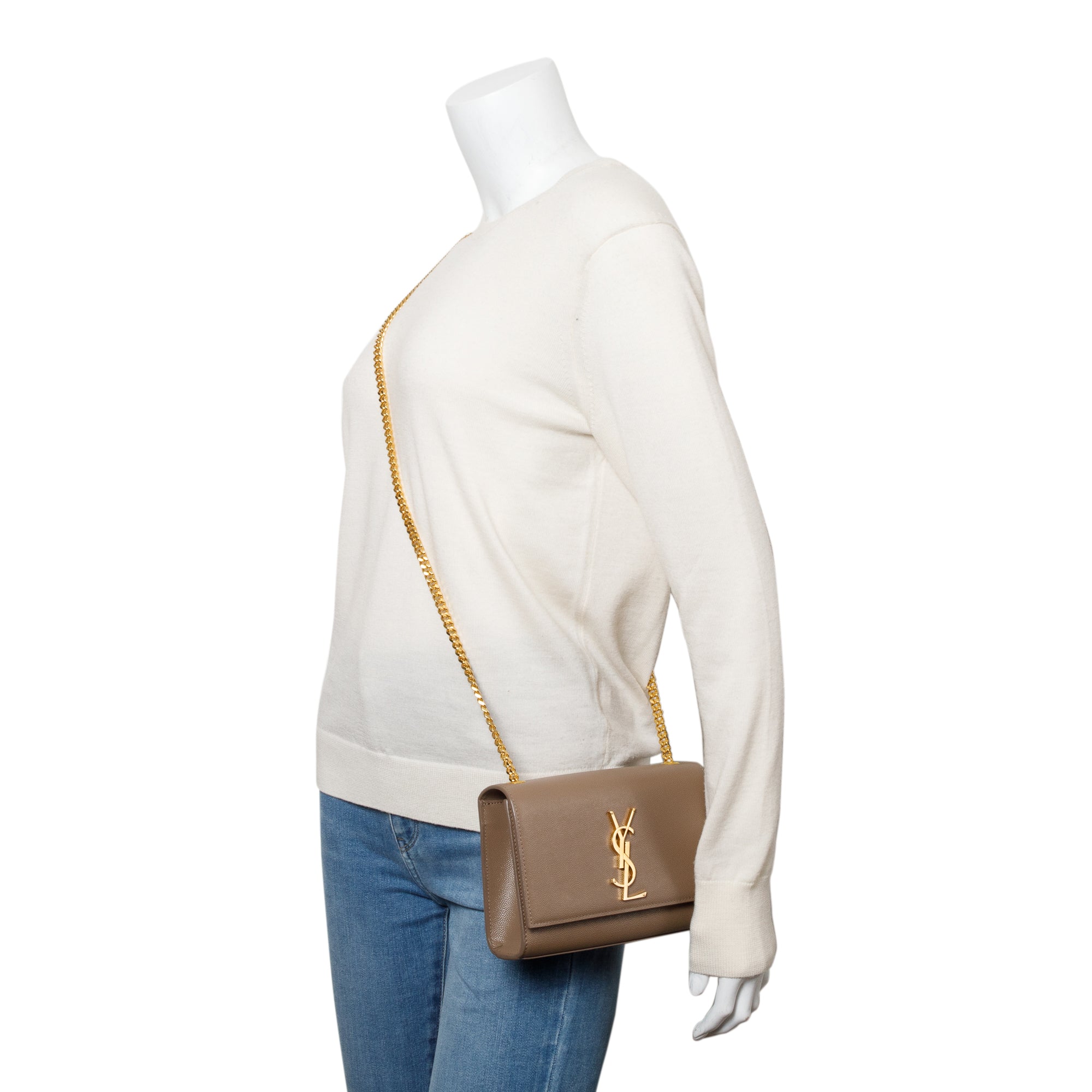 Saint Laurent 2022 Beige Grain De Poudre Leather Small Monogram Kate Bag w/ Box