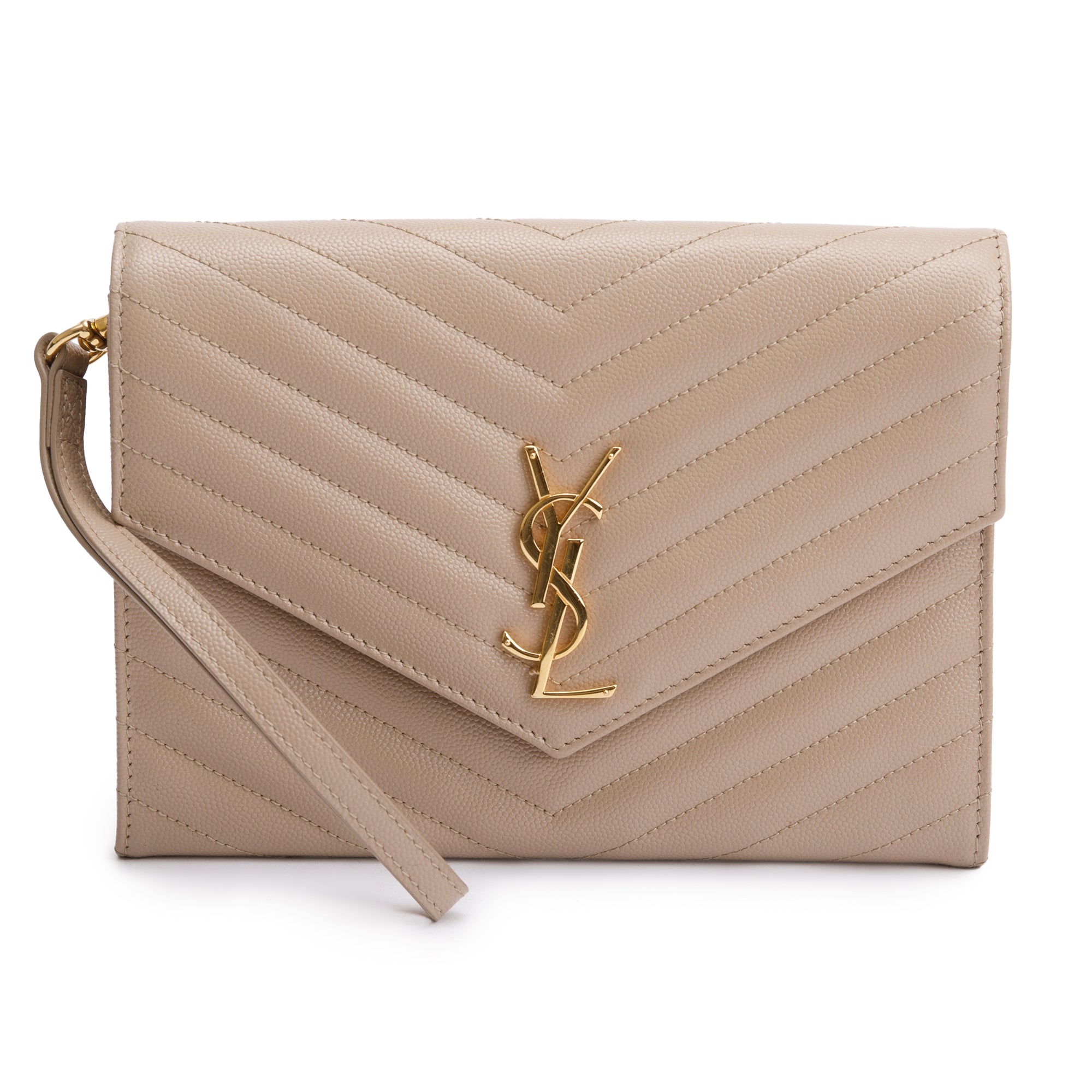 Saint Laurent 2022 Beige Grain De Poudre Matelasse Cassandre Flap Pouch w/ Strap