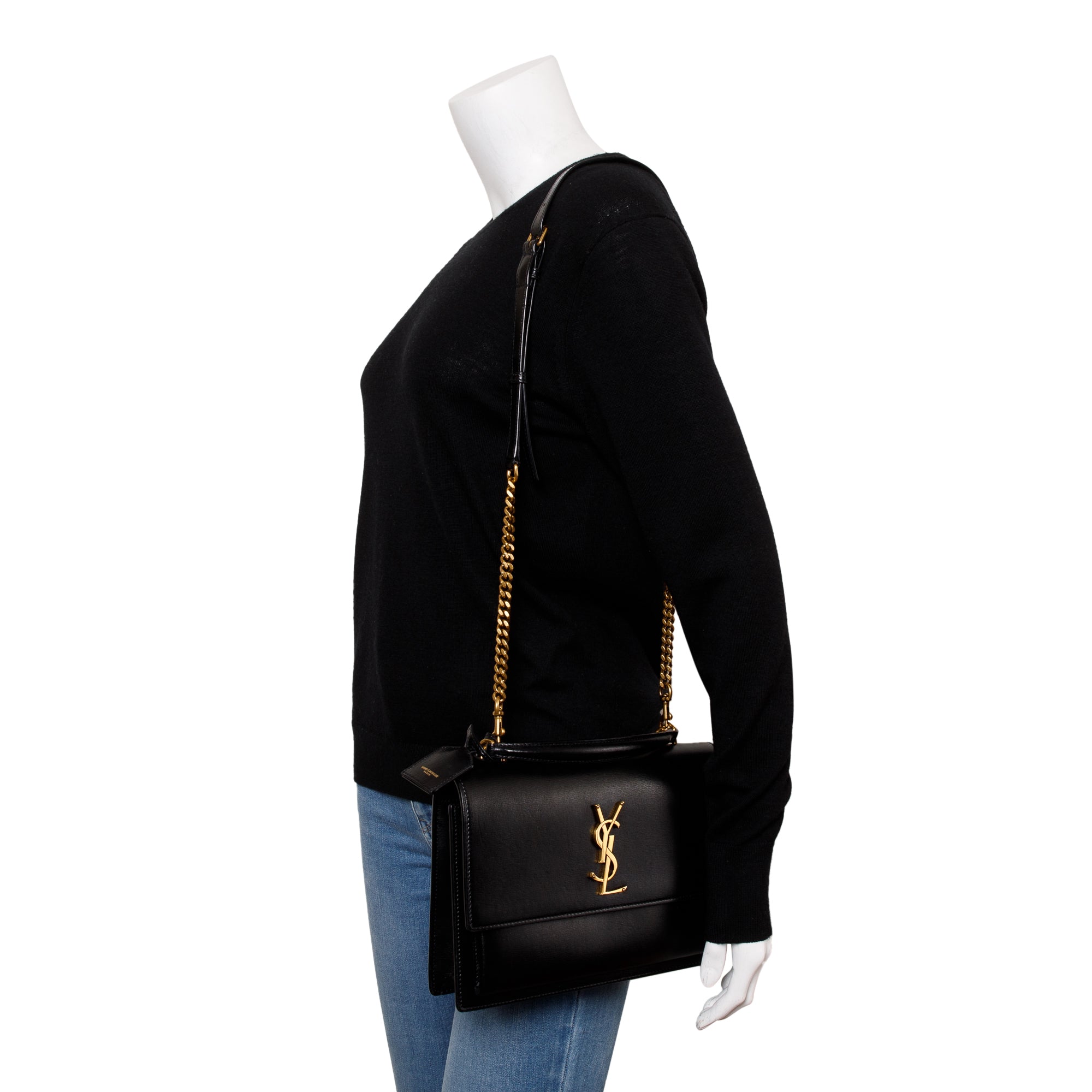 Saint Laurent 2022 Black Calfskin Leather Medium Sunset Handle Bag w/ Box