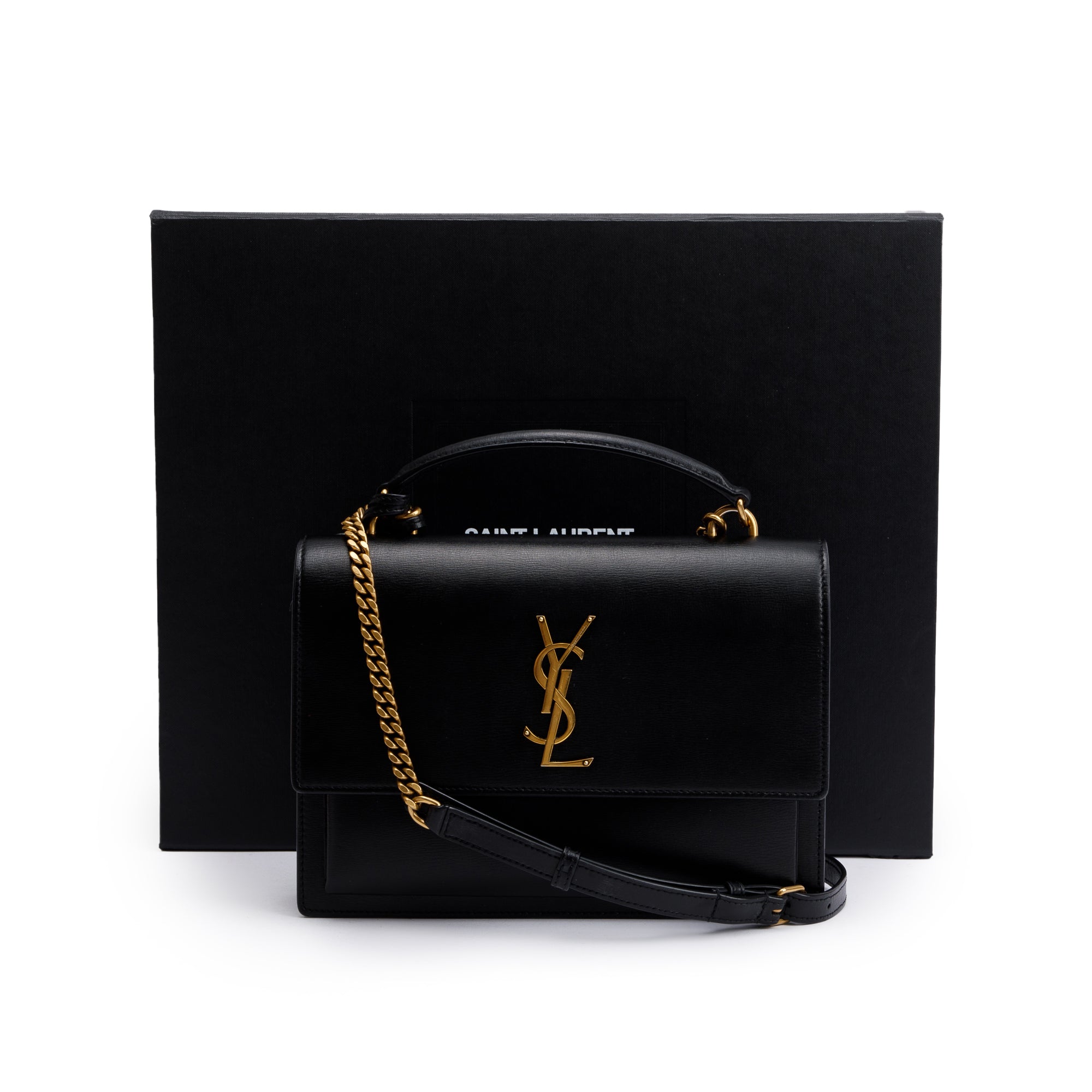 Saint Laurent 2022 Black Calfskin Leather Medium Sunset Handle Bag w/ Box