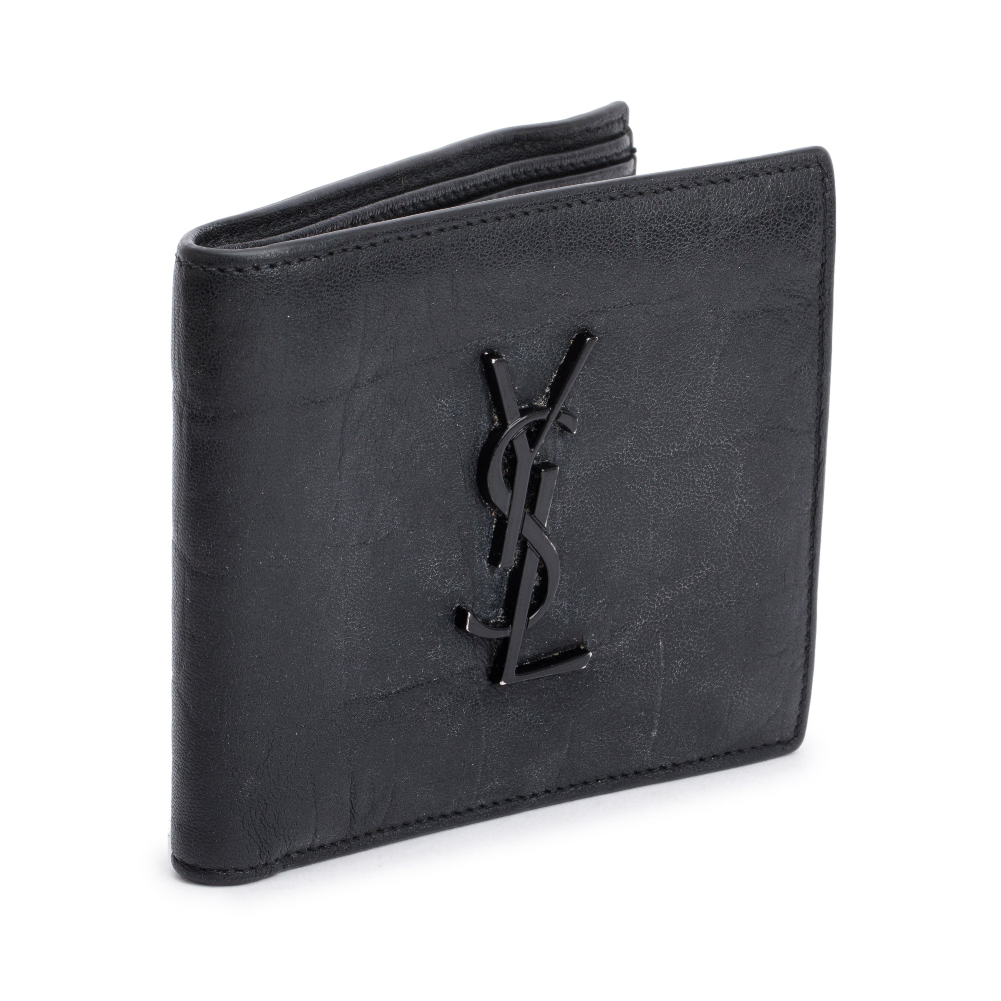 Saint Laurent 2022 Black Croc Embossed Leather Cassandre Bi-fold Wallet