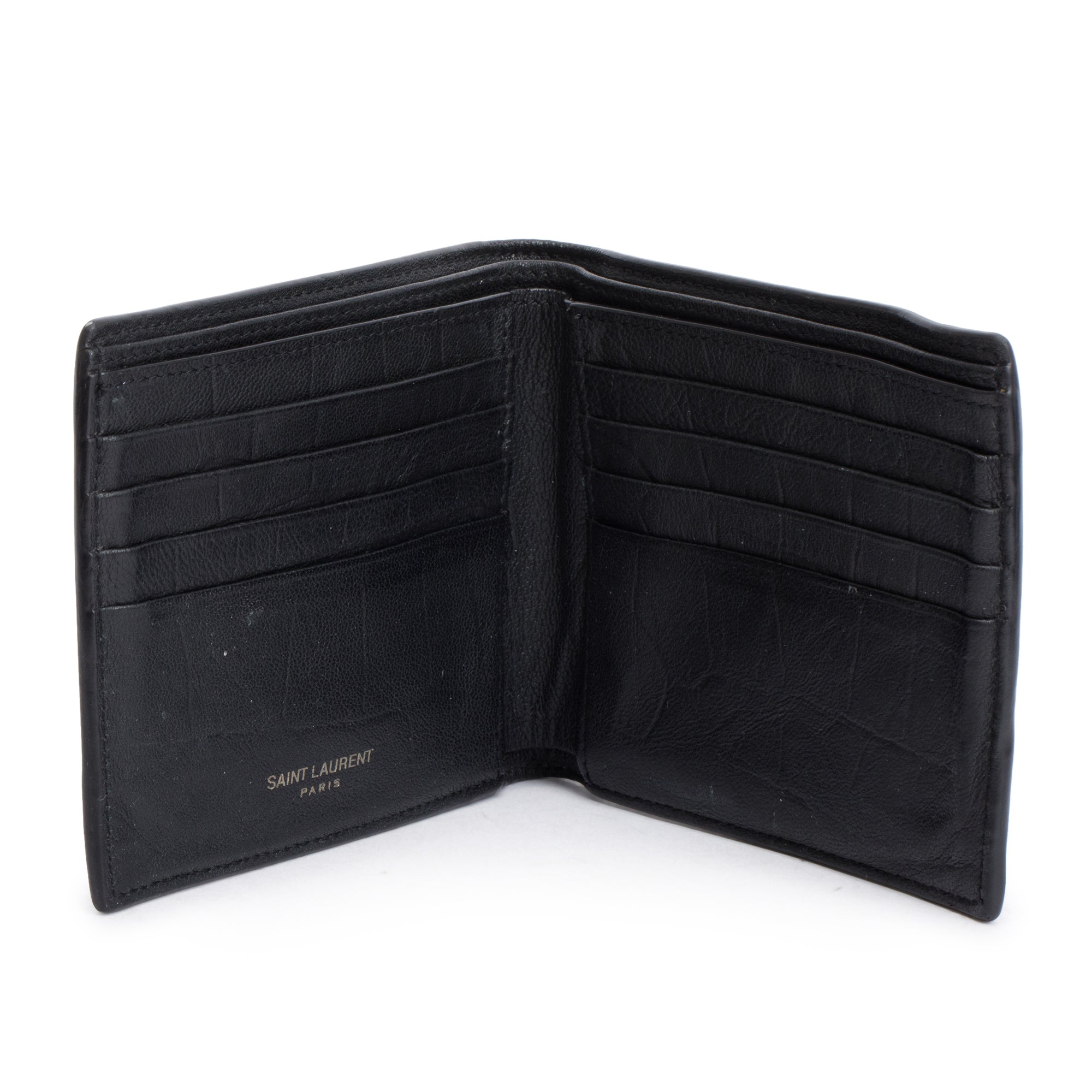 Saint Laurent 2022 Black Croc Embossed Leather Cassandre Bi-fold Wallet