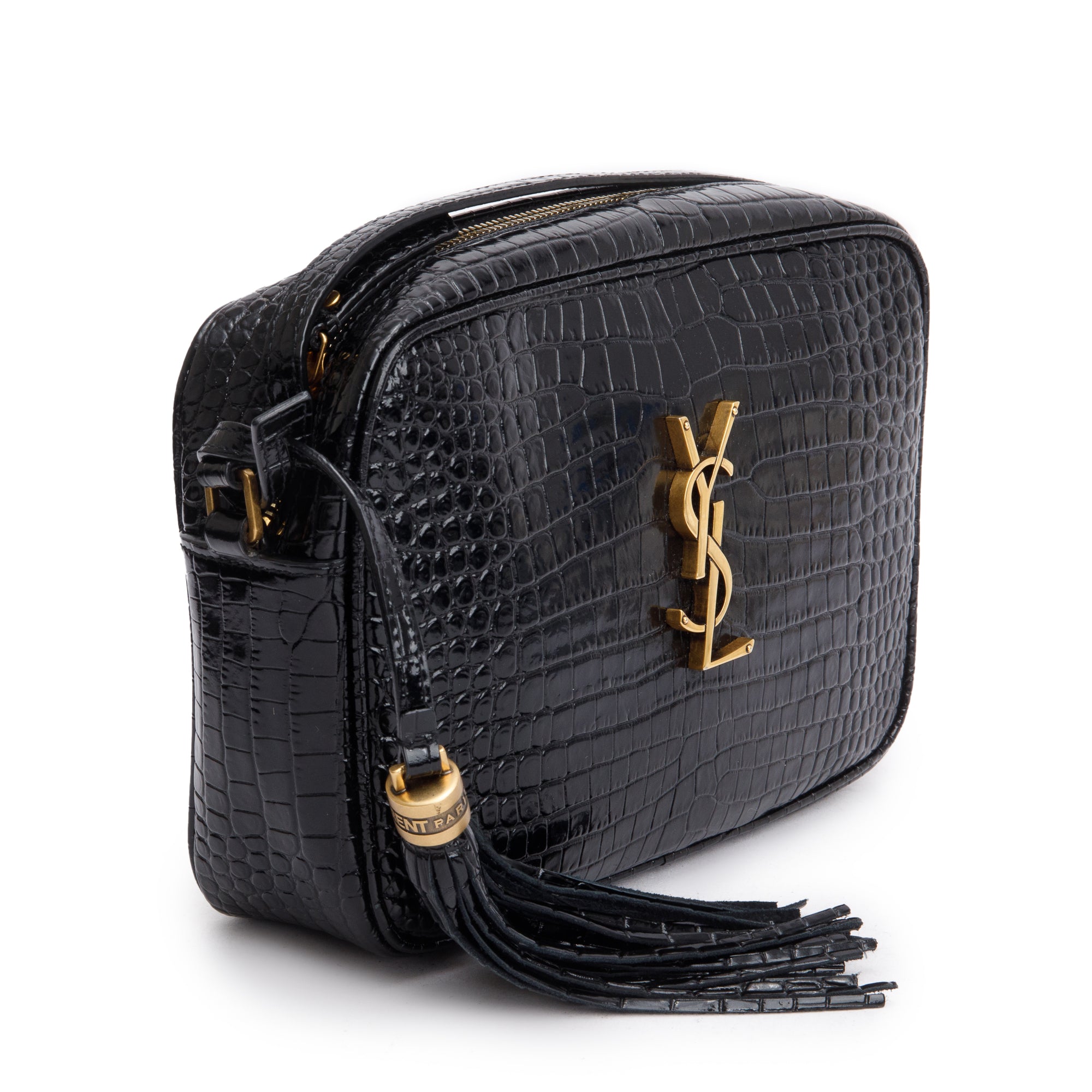 Saint Laurent 2022 Black Croc Embossed Patent Leather Lou Camera Bag w/ Receipt