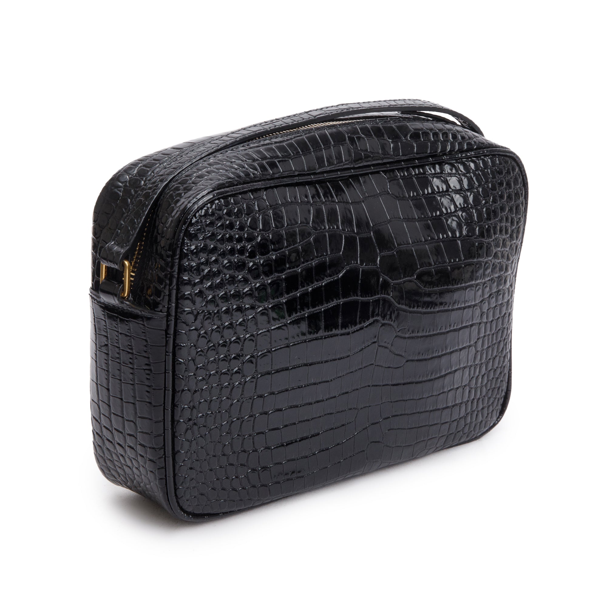 Saint Laurent 2022 Black Croc Embossed Patent Leather Lou Camera Bag w/ Receipt