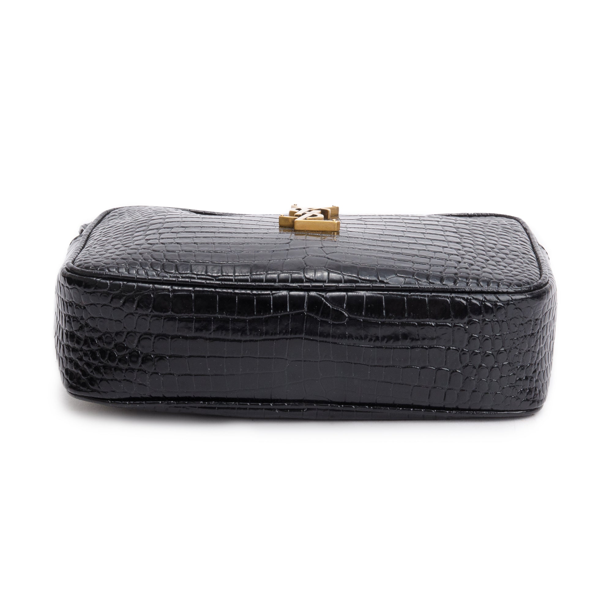 Saint Laurent 2022 Black Croc Embossed Patent Leather Lou Camera Bag w/ Receipt