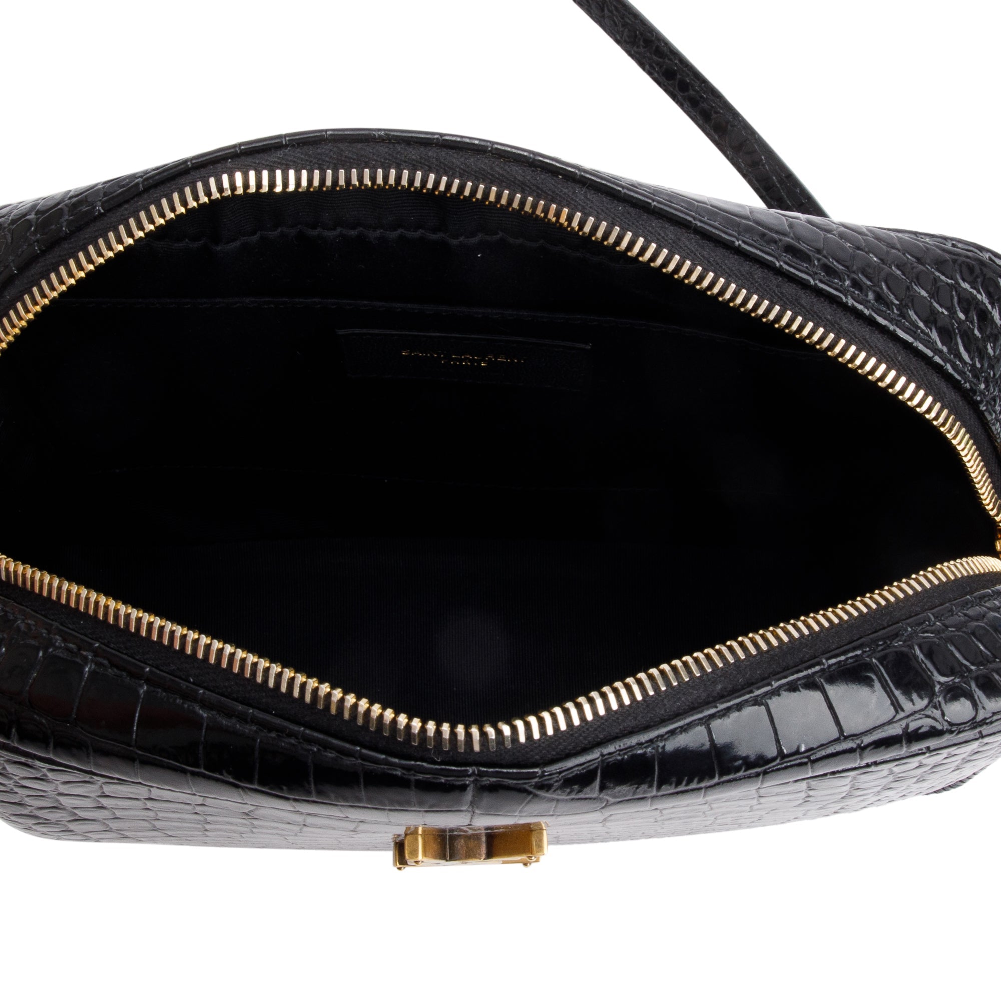 Saint Laurent 2022 Black Croc Embossed Patent Leather Lou Camera Bag w/ Receipt