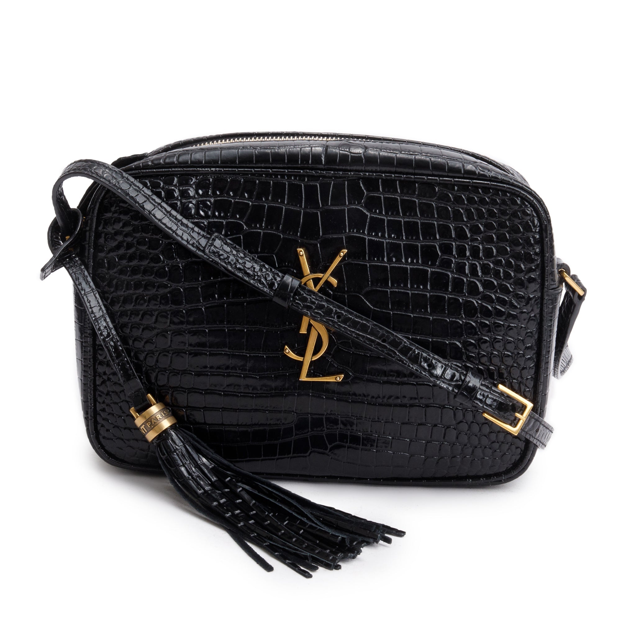 Saint Laurent 2022 Black Croc Embossed Patent Leather Lou Camera Bag w/ Receipt