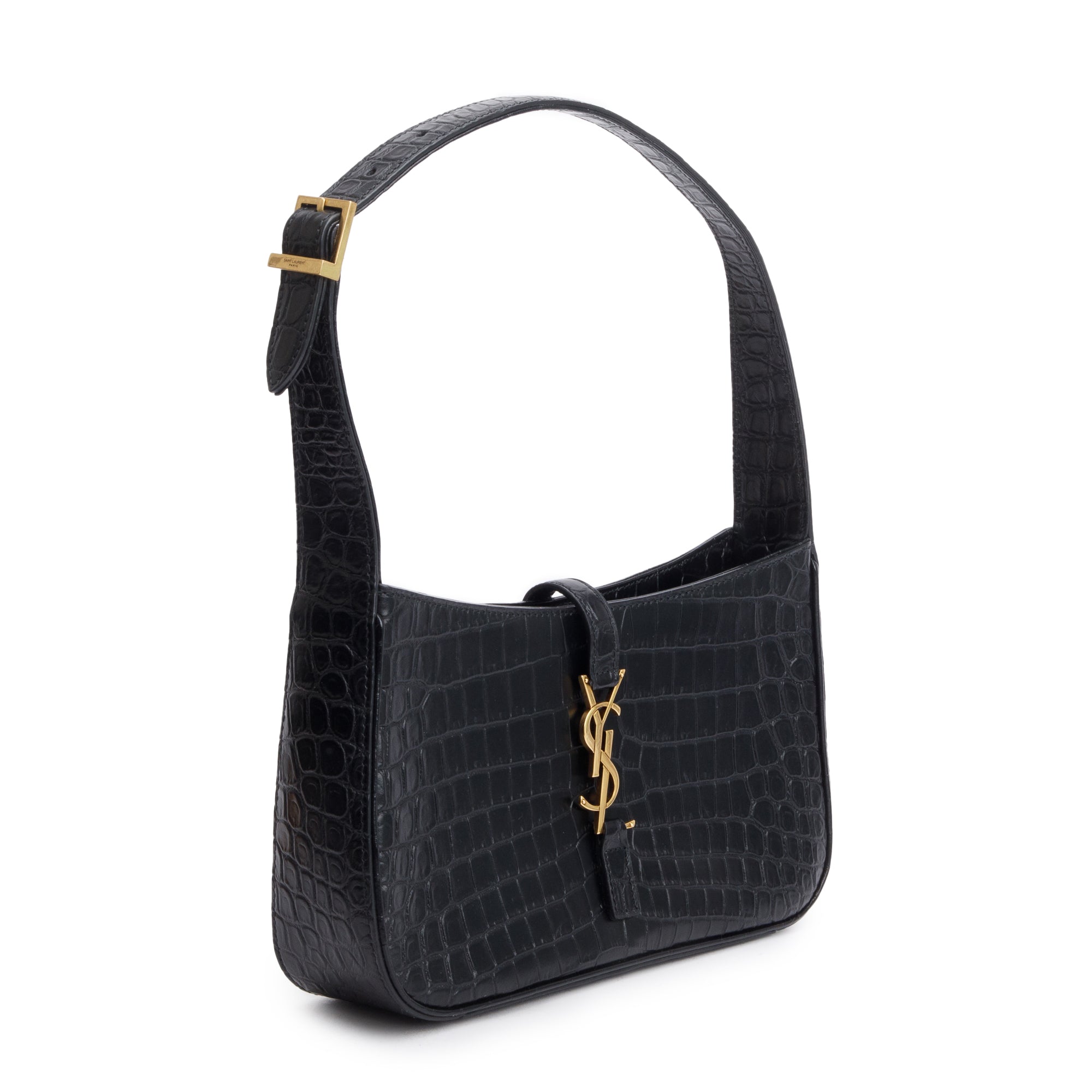 Saint Laurent 2022 Black Croc Embossed Shiny Leather Le 5 A 7 Hobo Bag