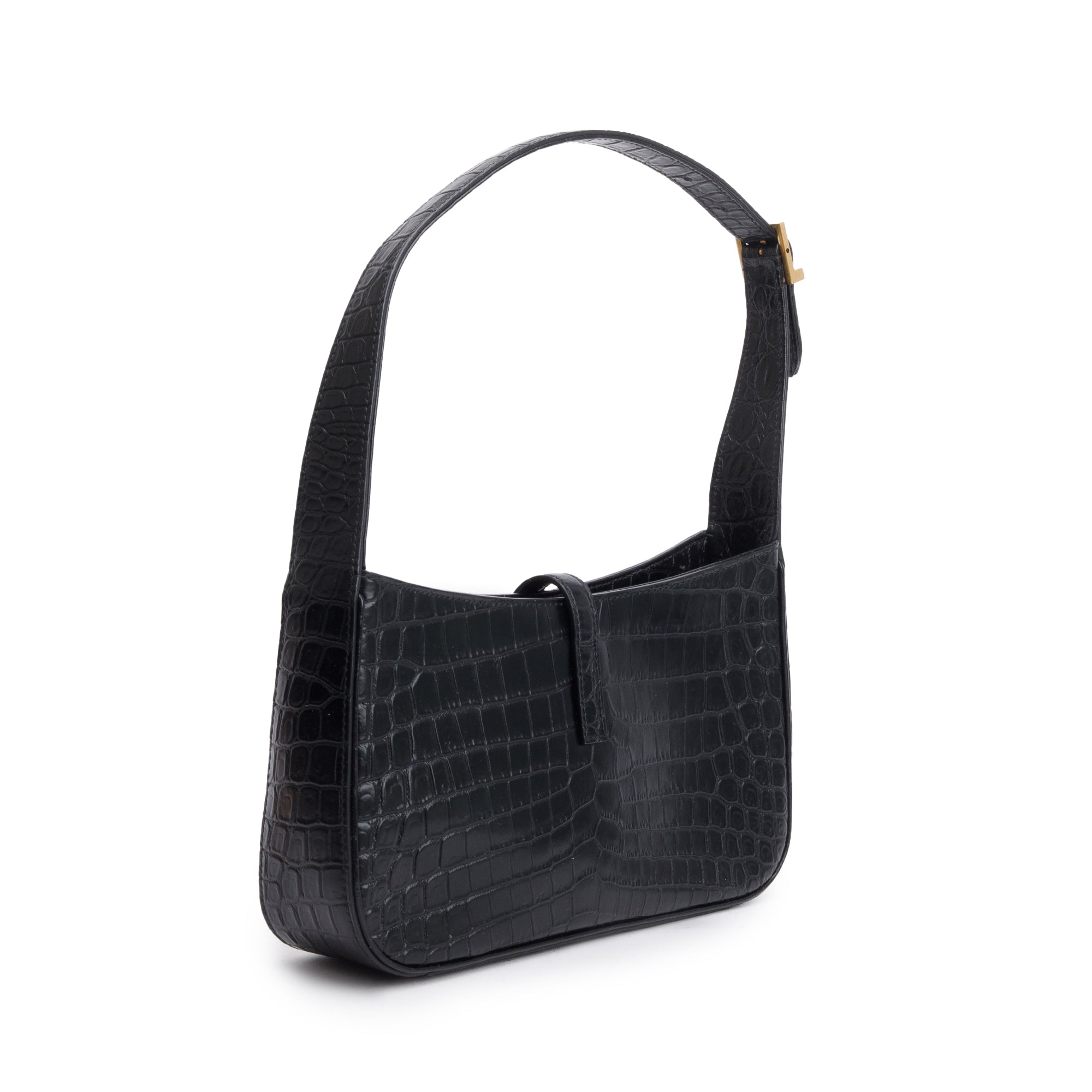 Saint Laurent 2022 Black Croc Embossed Shiny Leather Le 5 A 7 Hobo Bag