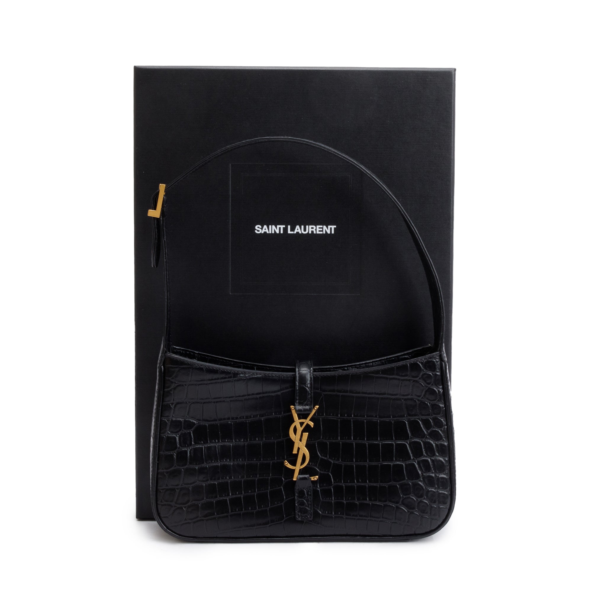 Saint Laurent 2022 Black Croc Embossed Shiny Leather Le 5 A 7 Hobo Bag w/ Box