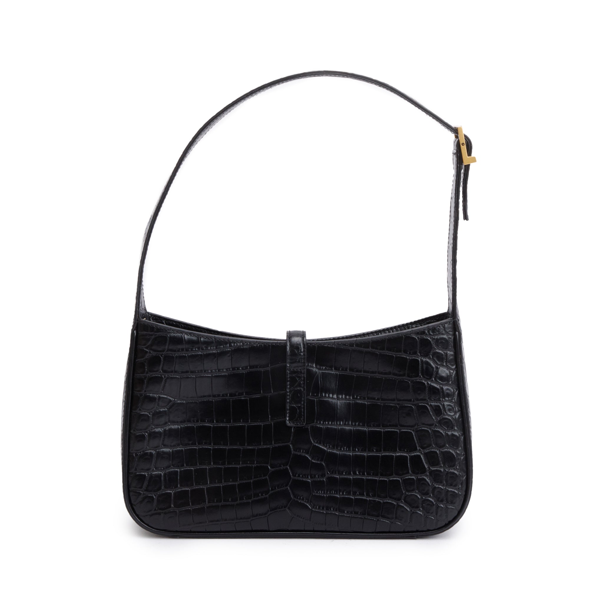 Saint Laurent 2022 Black Croc Embossed Shiny Leather Le 5 A 7 Hobo Bag w/ Box