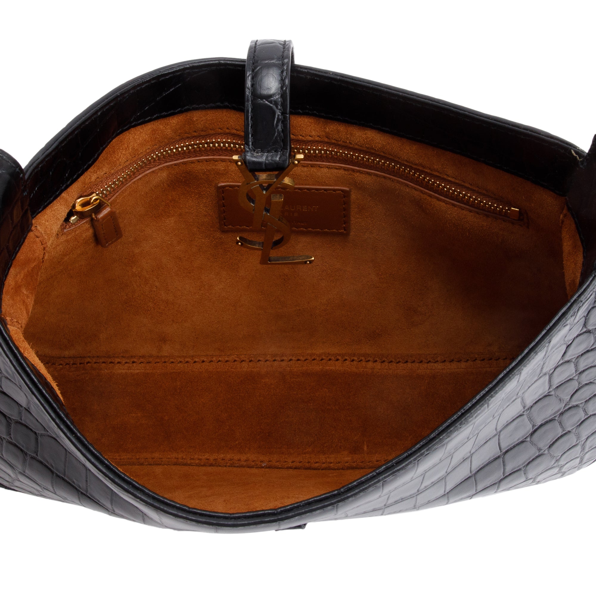 Saint Laurent 2022 Black Croc Embossed Shiny Leather Le 5 A 7 Hobo Bag w/ Box