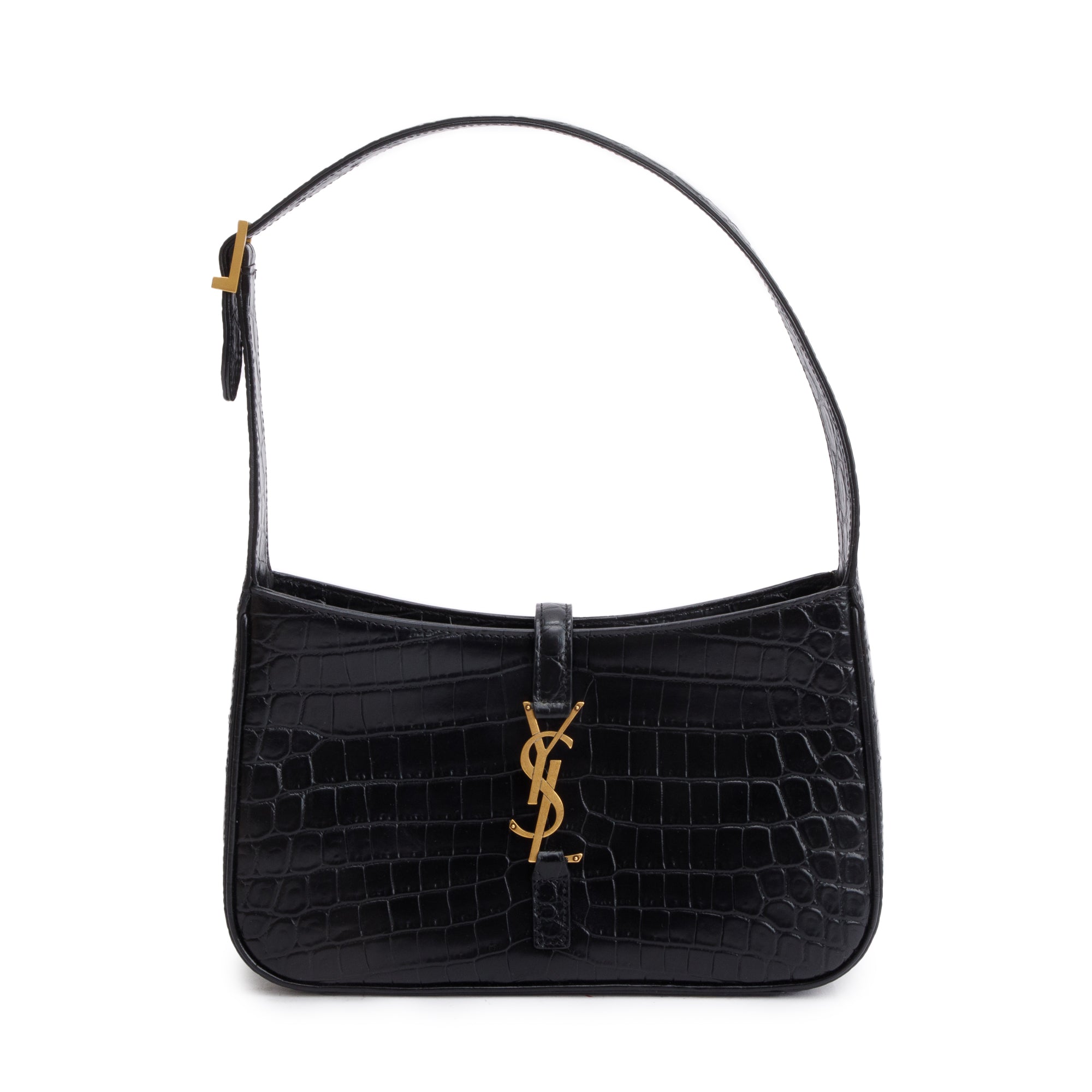 Saint Laurent 2022 Black Croc Embossed Shiny Leather Le 5 A 7 Hobo Bag w/ Box