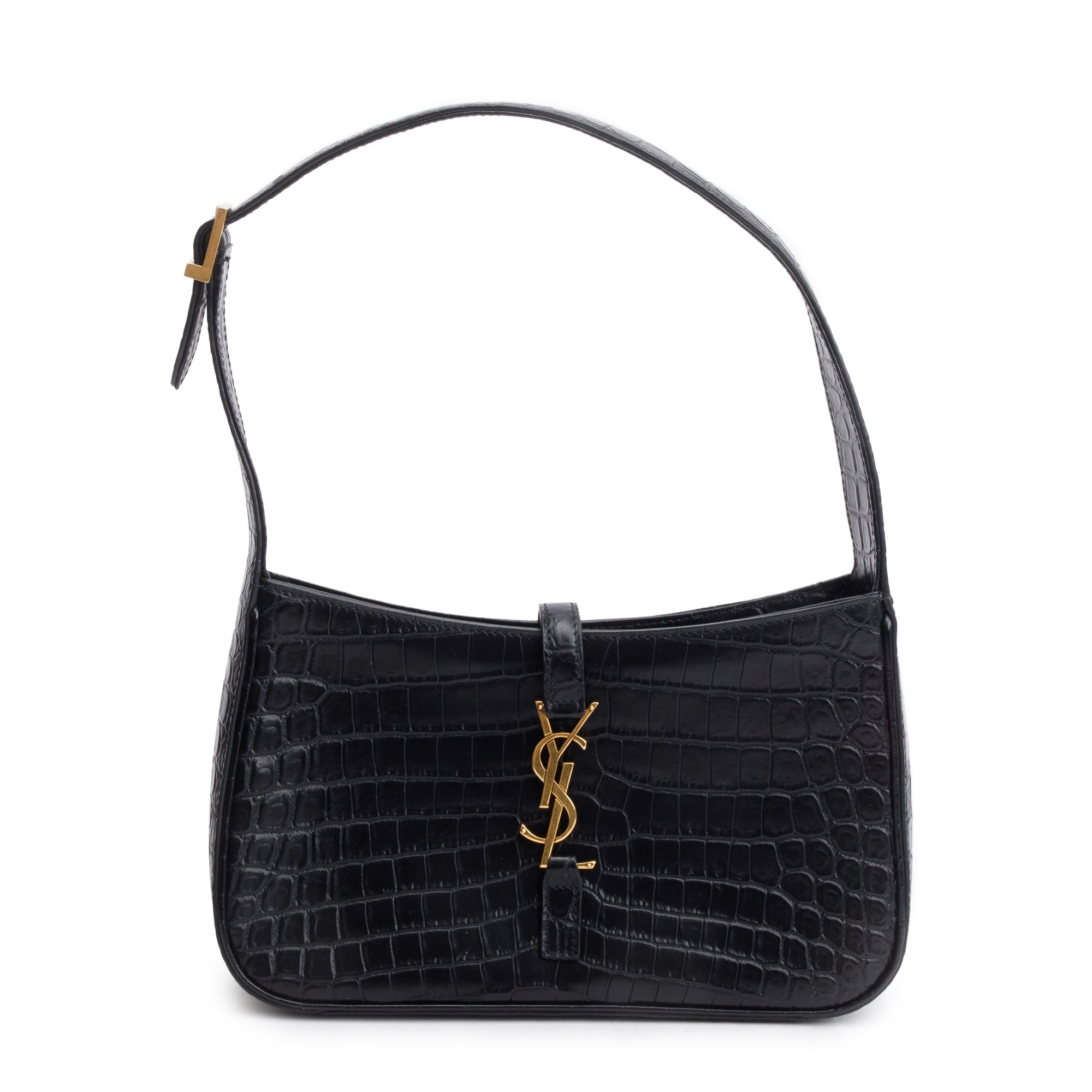 Saint Laurent 2022 Black Croc Embossed Shiny Leather Le 5 A 7 Hobo Bag