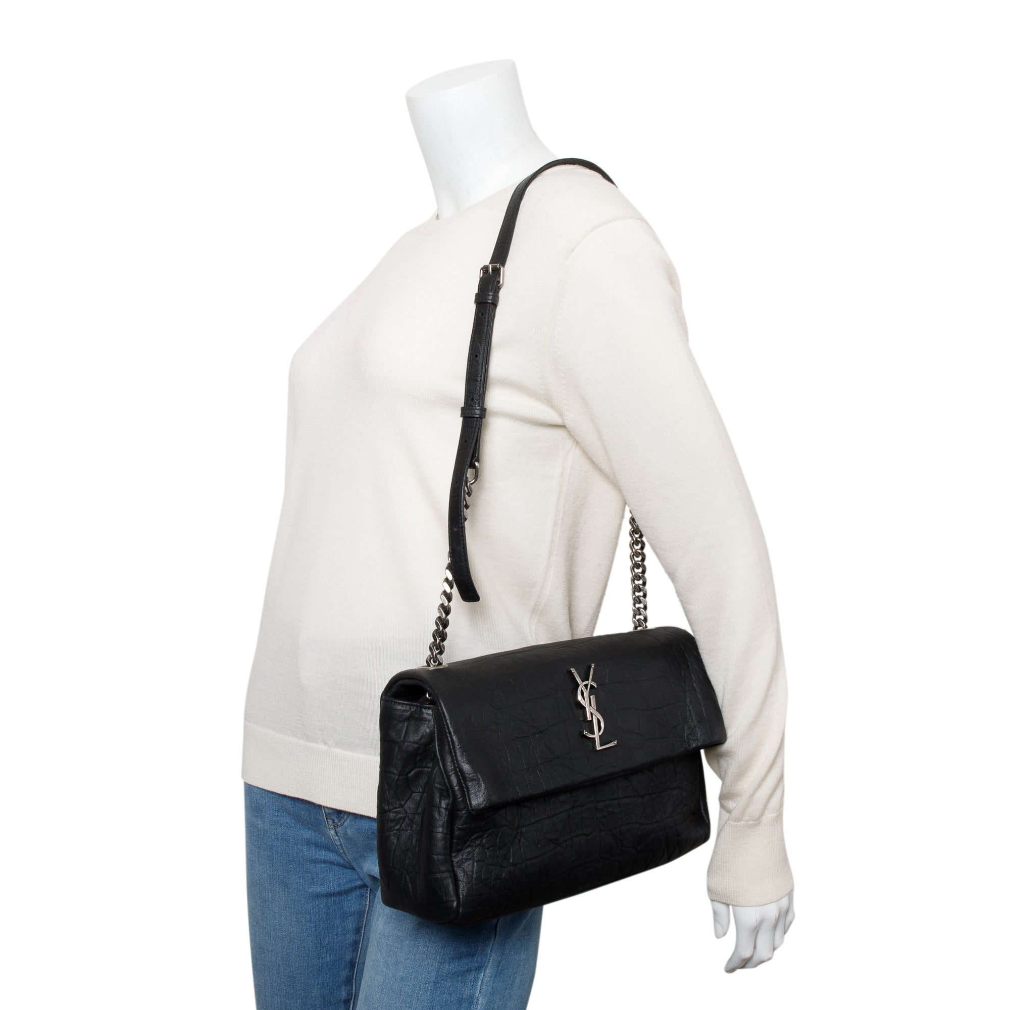 Saint Laurent 2022 Black Crocodile Embossed Calfskin Leather Medium Monogram West Hollywood Fold-Over Bag