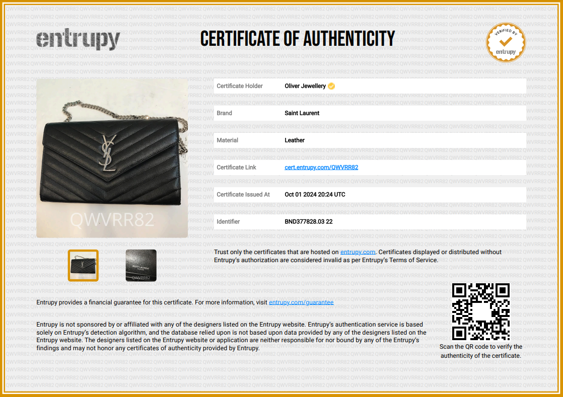 Saint Laurent 2022 Black Grain De Poudre Cassandre Envelope Chain Wallet w/ Box