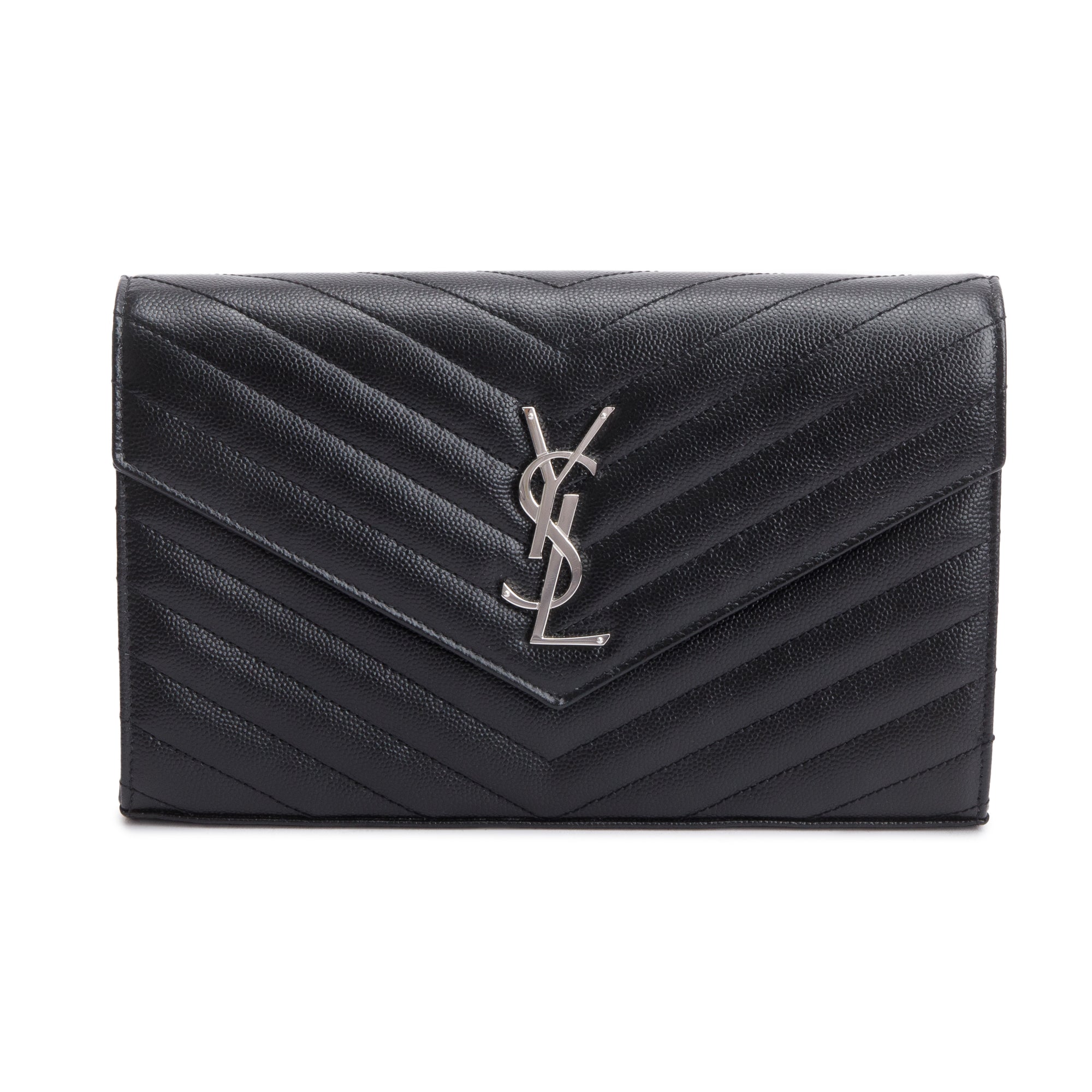 Saint Laurent 2022 Black Grain De Poudre Cassandre Envelope Chain Wallet w/ Box