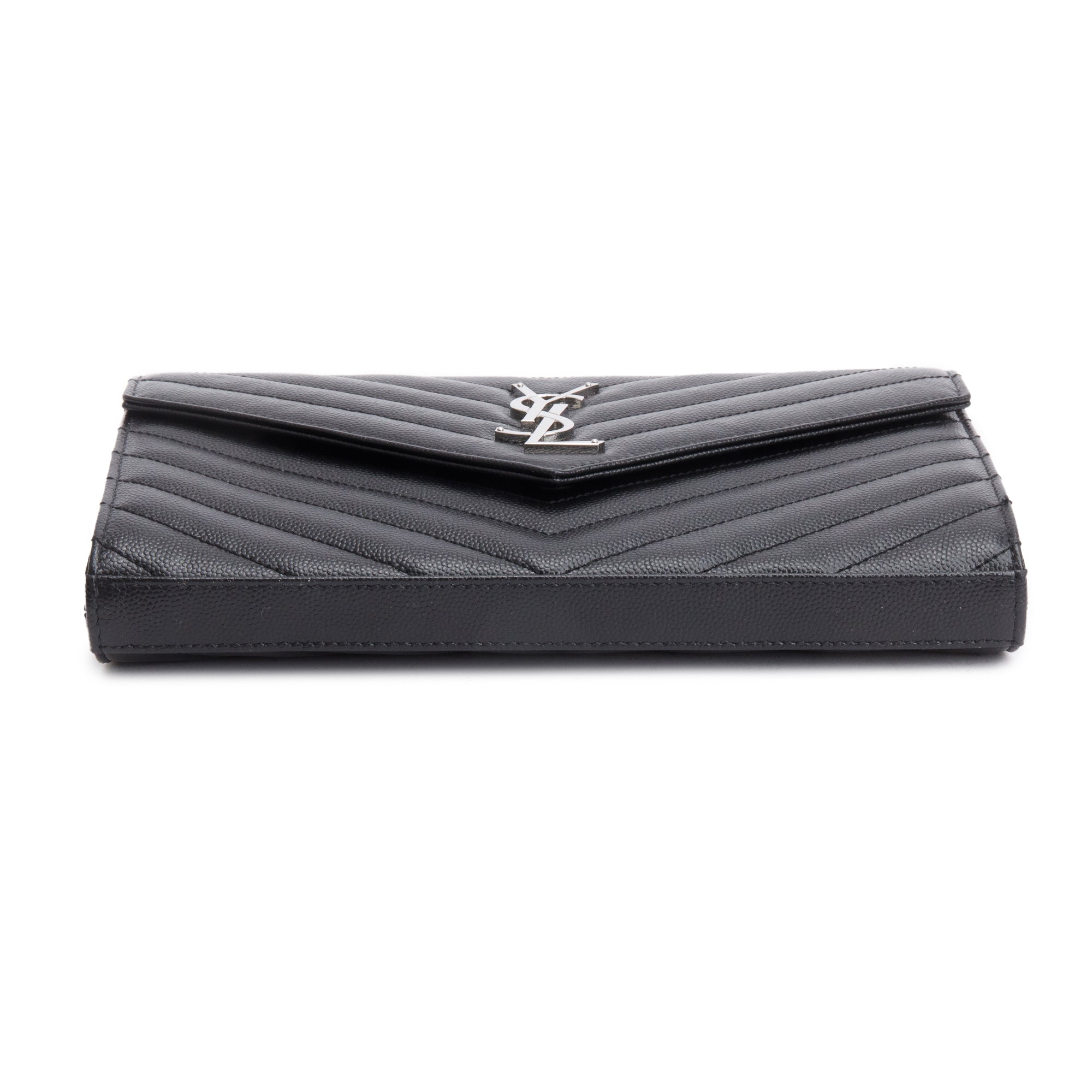 Saint Laurent 2022 Black Grain De Poudre Cassandre Envelope Chain Wallet w/ Box