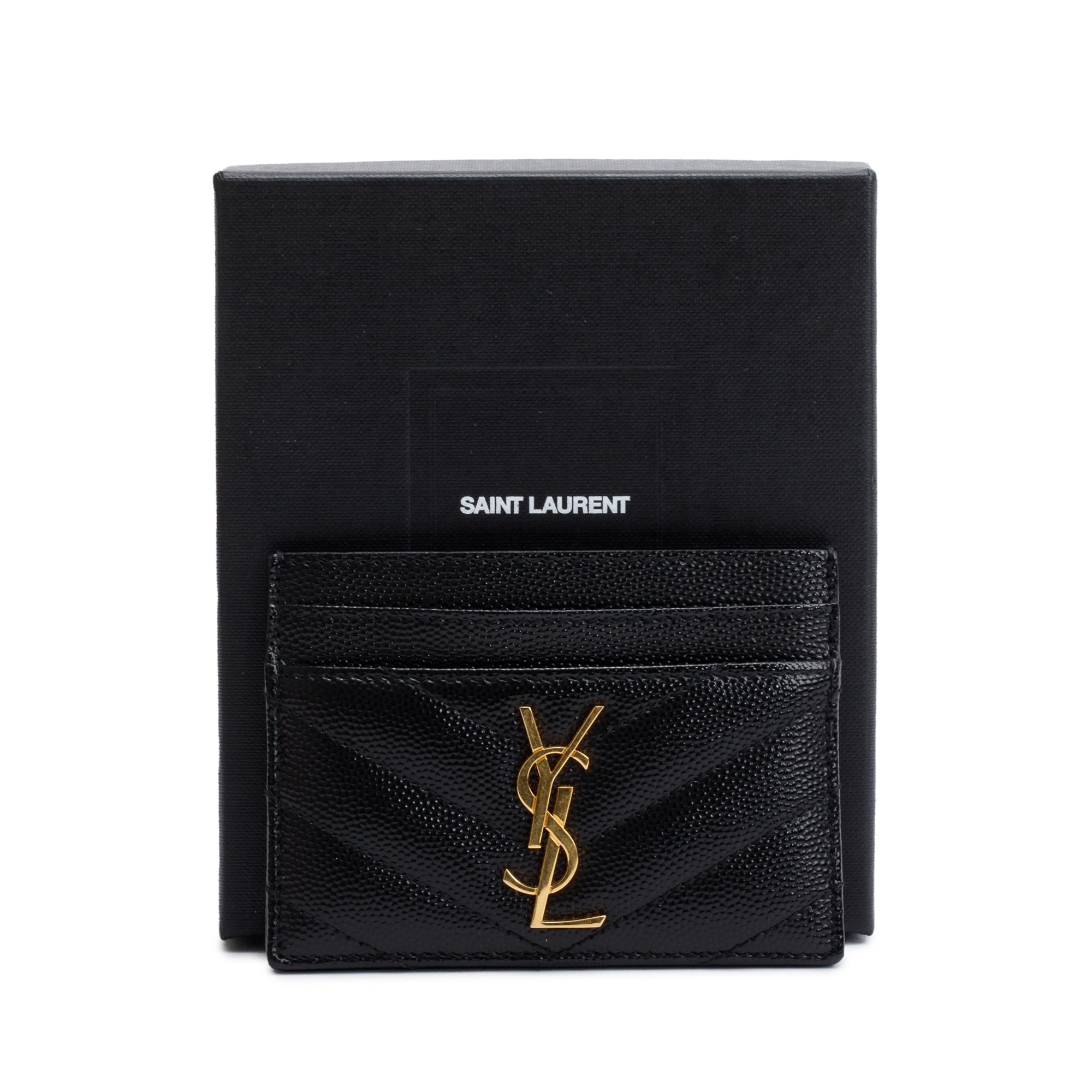 Saint Laurent 2022 Black Grain De Poudre Leather Cassandre Matelasse Card Case w/ Box & Receipt