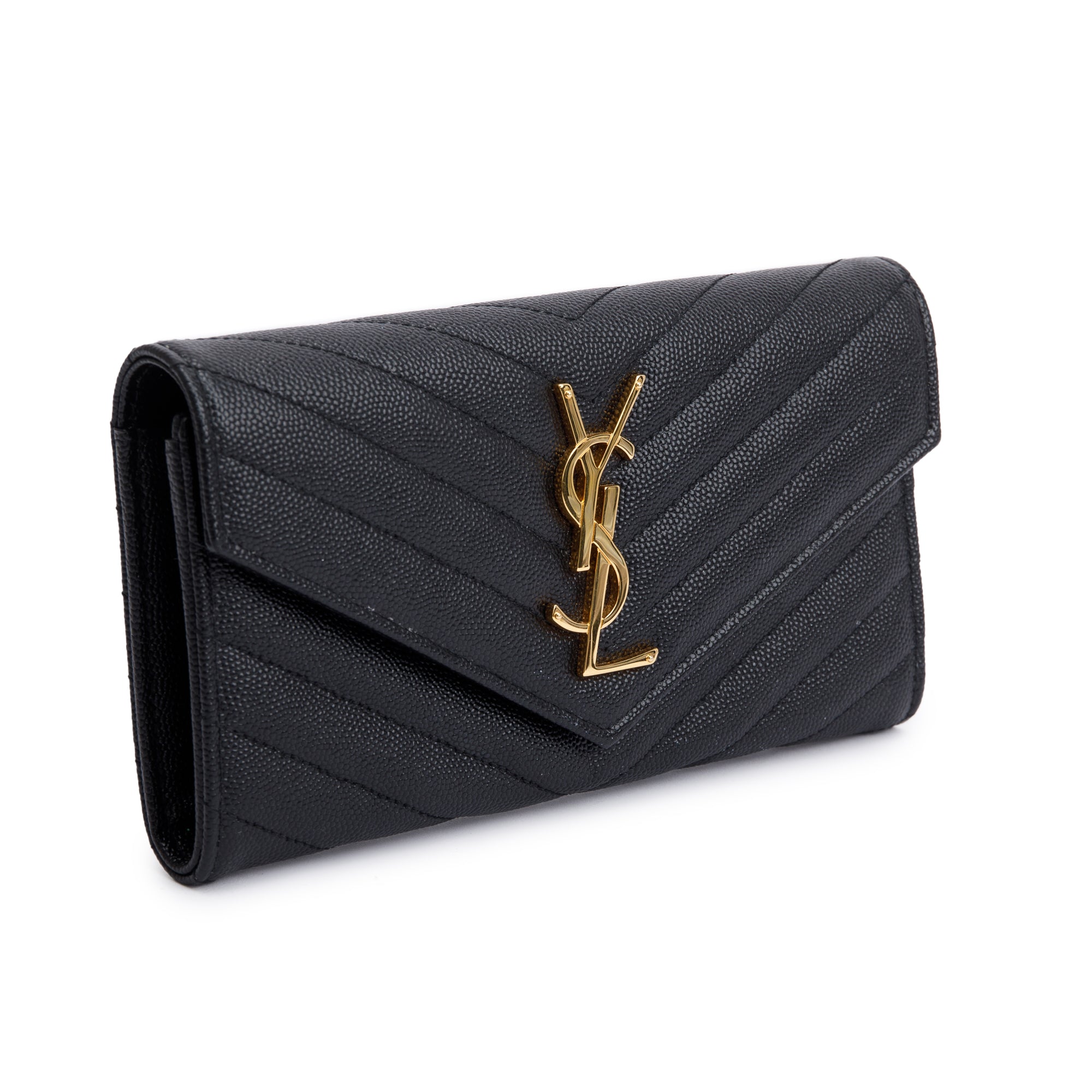 Saint Laurent 2022 Black Grain De Poudre Leather Cassandre Matelasse Large Flap Wallet w/ Box