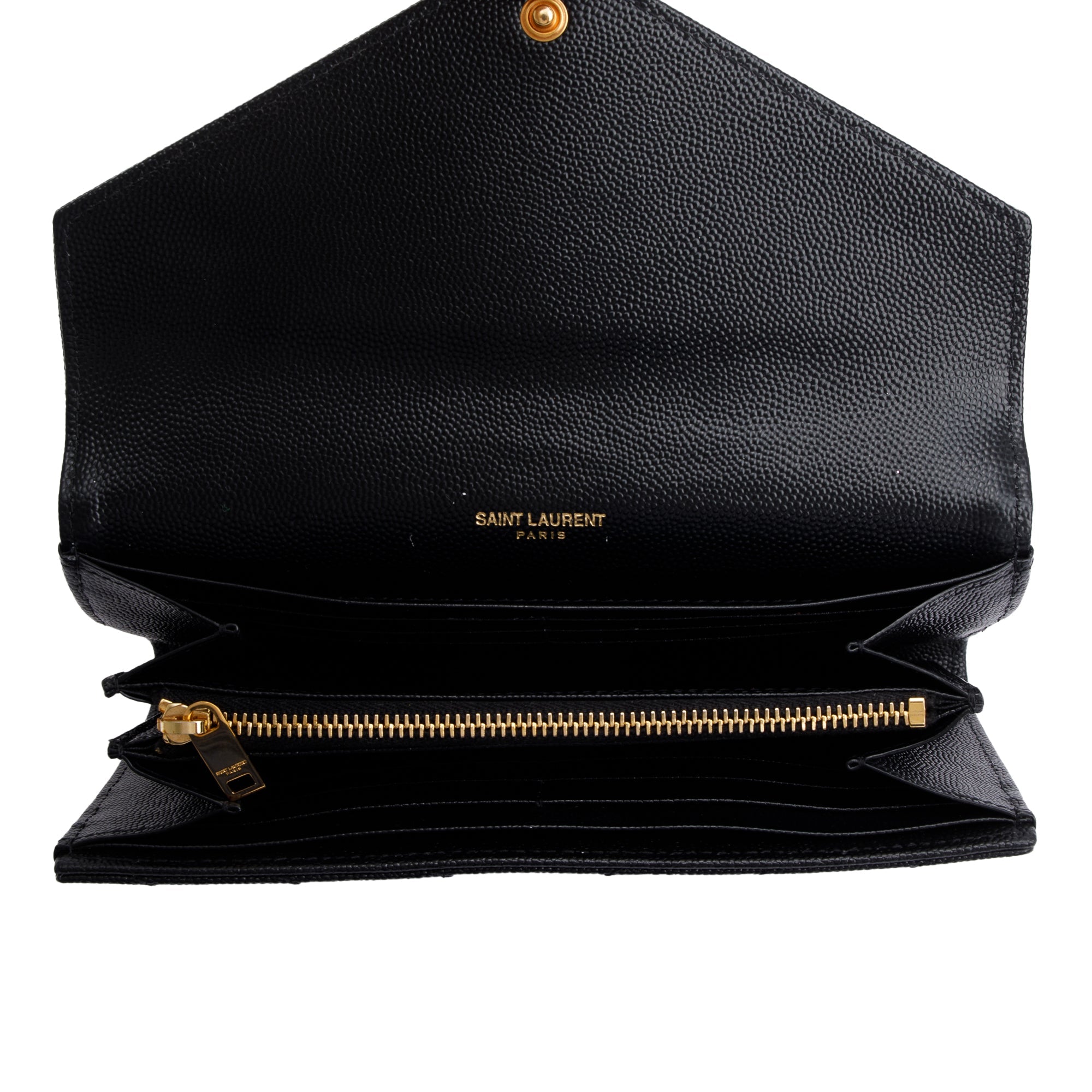 Saint Laurent 2022 Black Grain De Poudre Leather Cassandre Matelasse Large Flap Wallet w/ Box