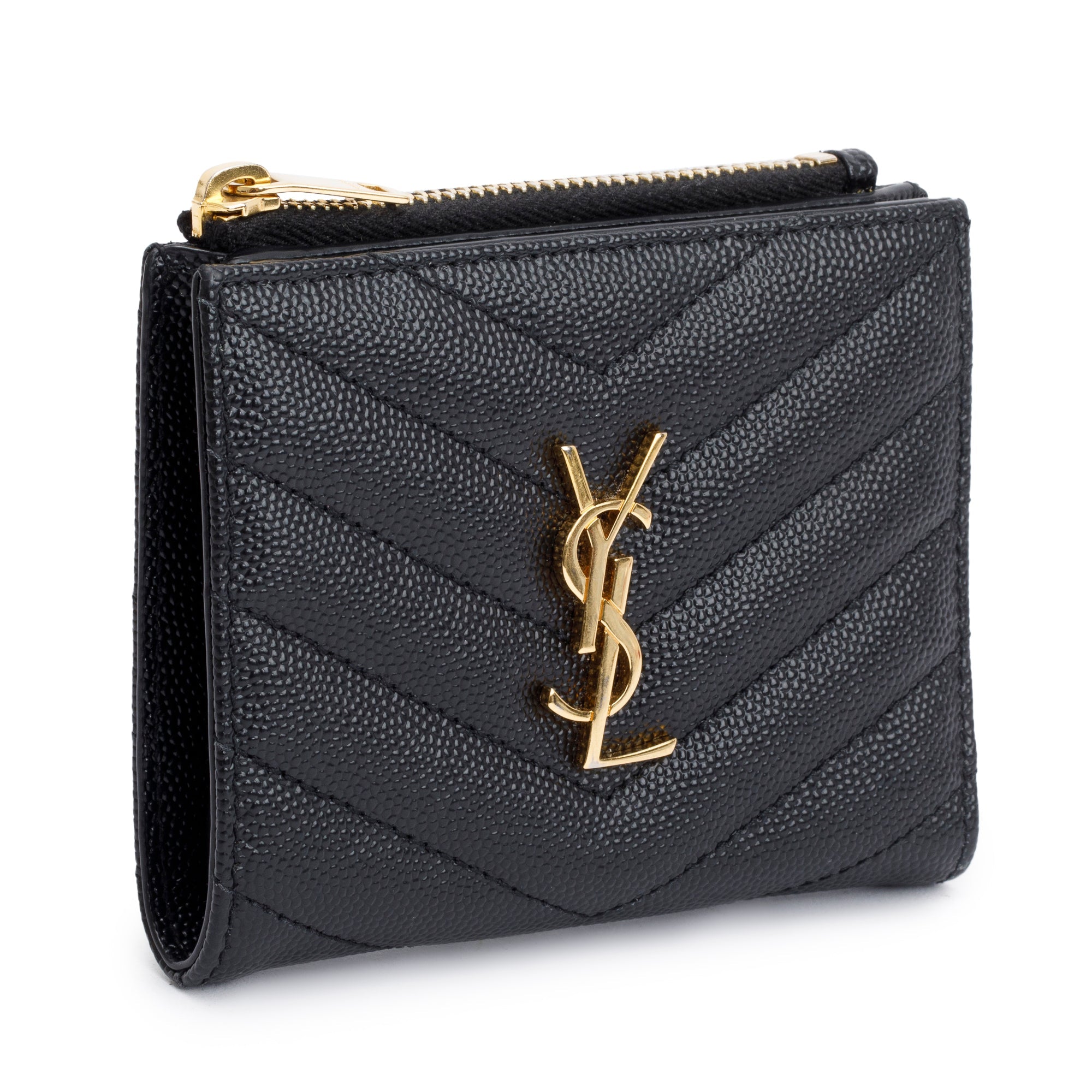 Saint Laurent 2022 Black Grain de Poudre Leather Cassandre Matelasse Bi-Fold Wallet w/ Box